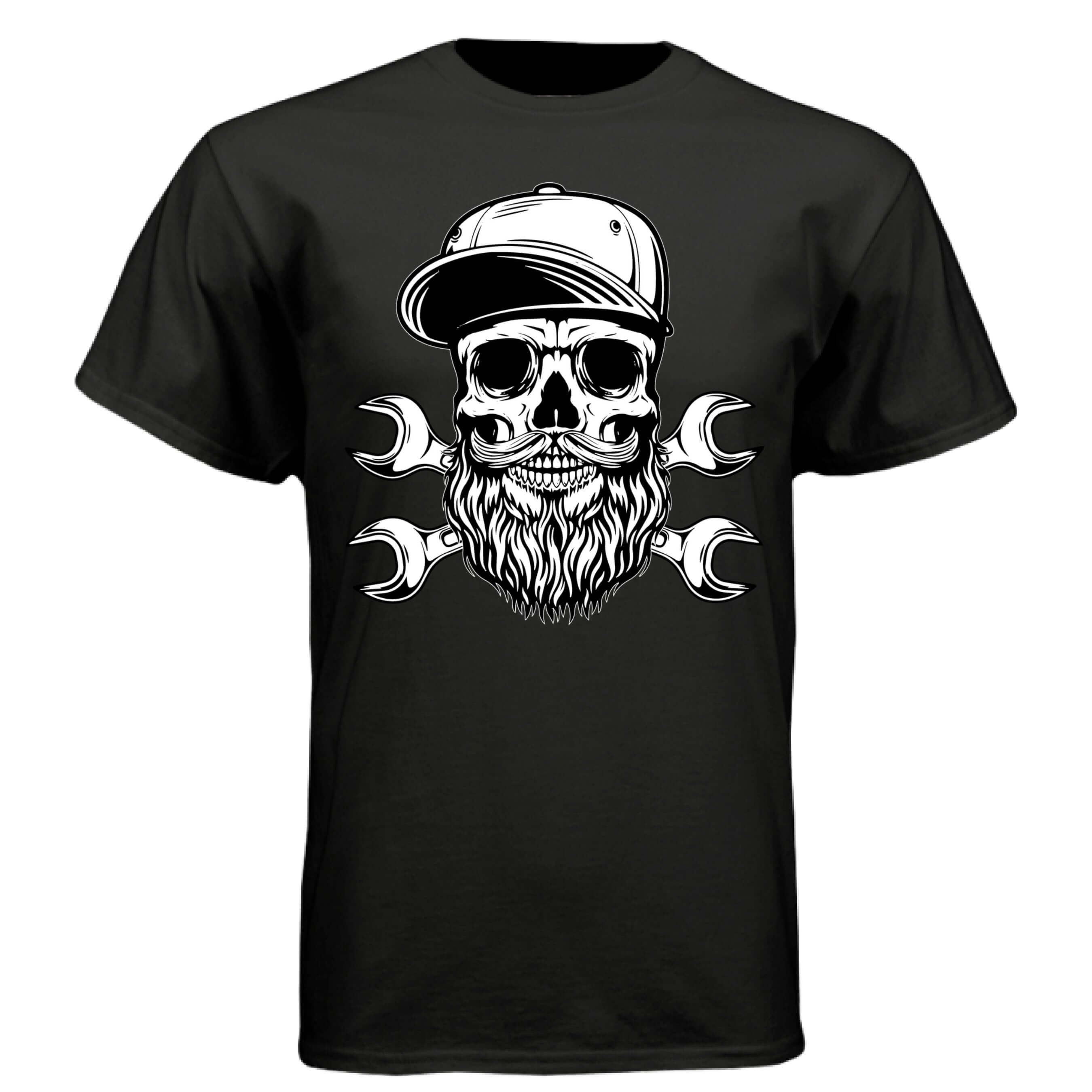 Bearded Skull Mechanic Hanes Tee Shirt Great For Bearded Gearheads BLACK - FRONT