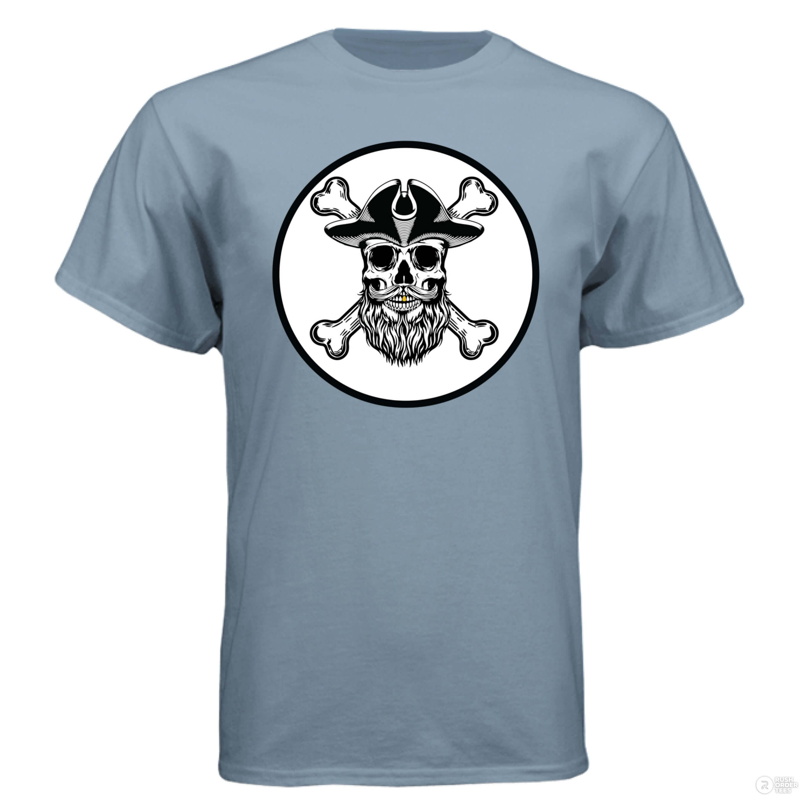 Bearded Skull Pirate Hanes Tee Shirt For The Boating Beard Guys Stonewashed Blue - FRONT