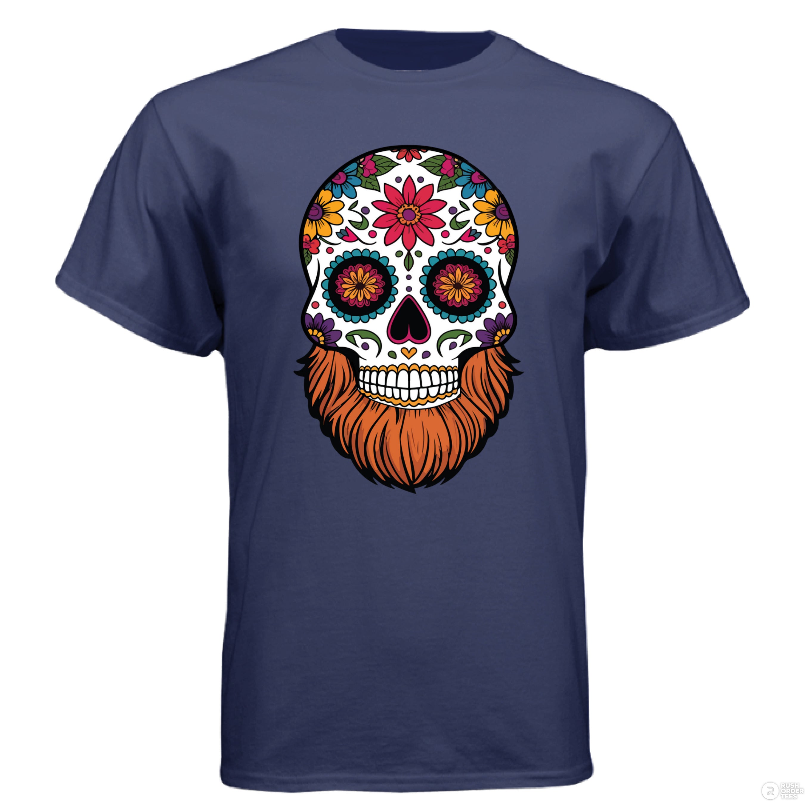 Day Of The Dead Bearded Skull Hanes Tee Shirt Stock Blue