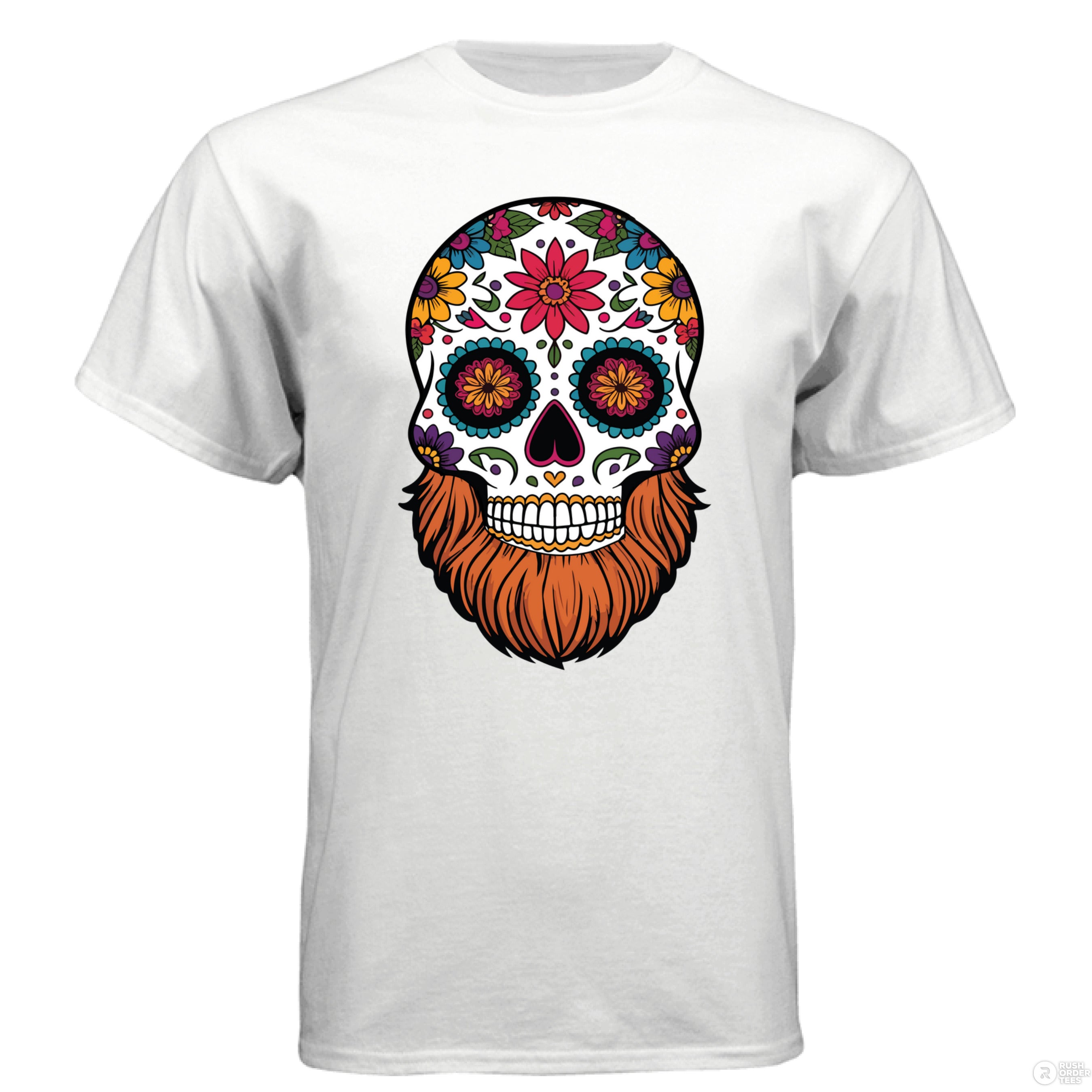 Day Of The Dead Bearded Skull Hanes Tee Shirt Stock white