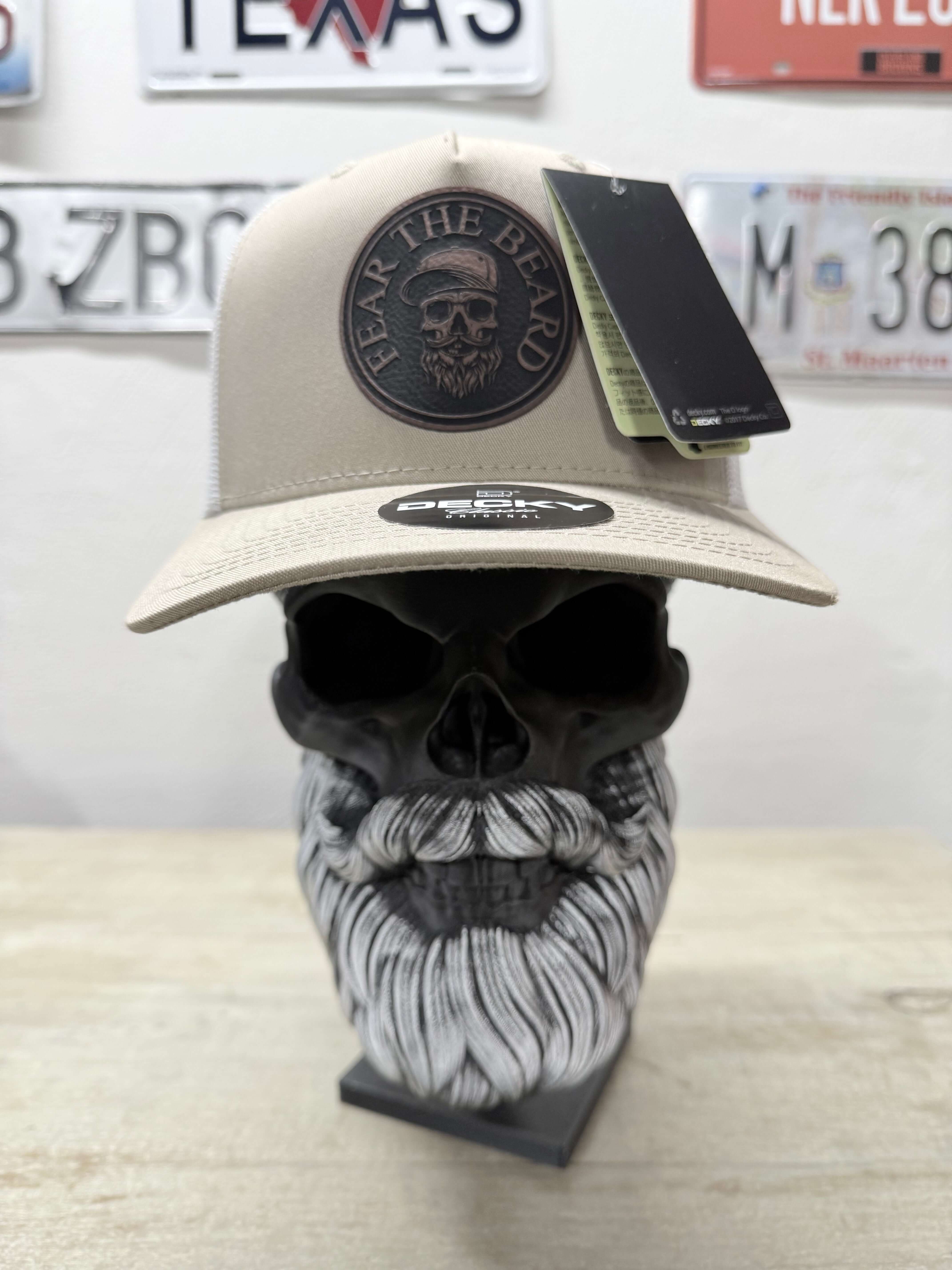 Fear the beard written funny leather patch trucker hat, snapback for men.