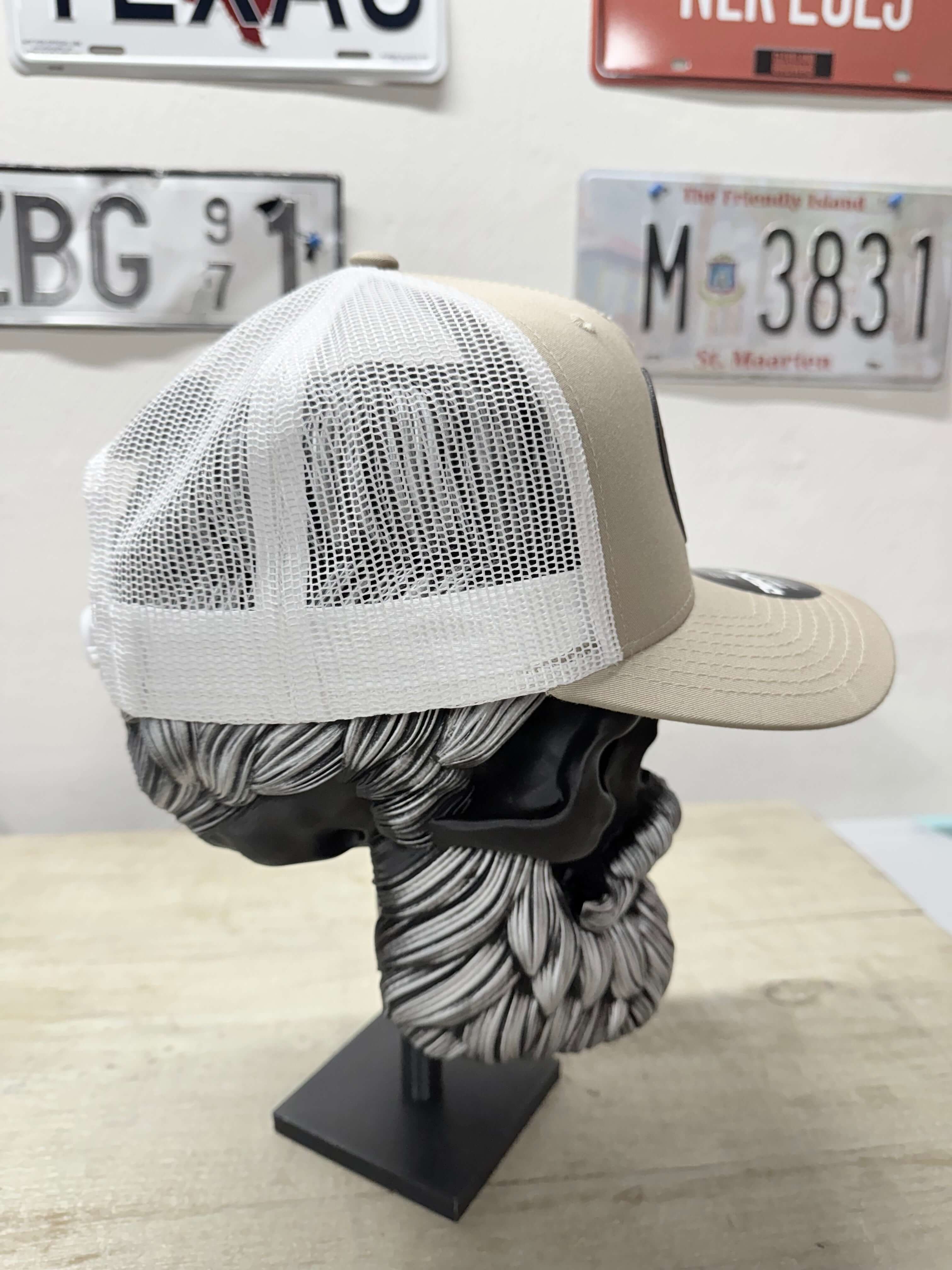 Rear View of fear the beard trucker Snapback hat with leather patch , Shop Beardguyshatclub
