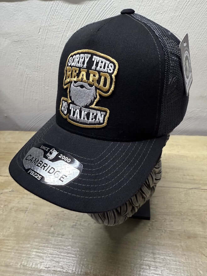 side front view of black color sorry this beard is taken trucker hat made in usa,