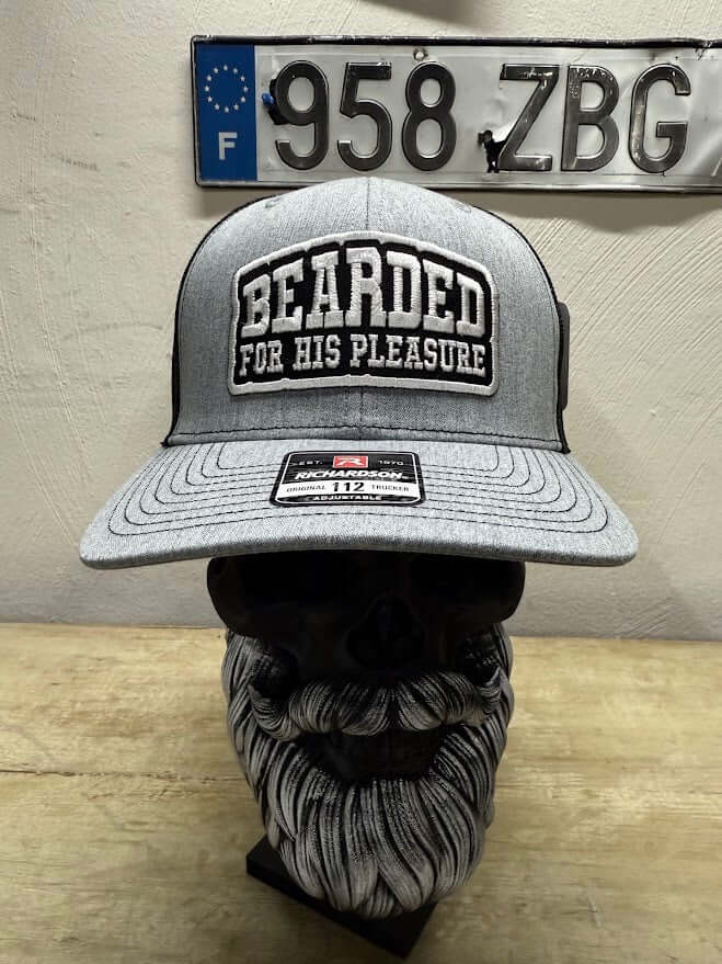 Bearded For HIS Pleasure trucker hat, gray cap with mesh back, perfect gift for bearded men.