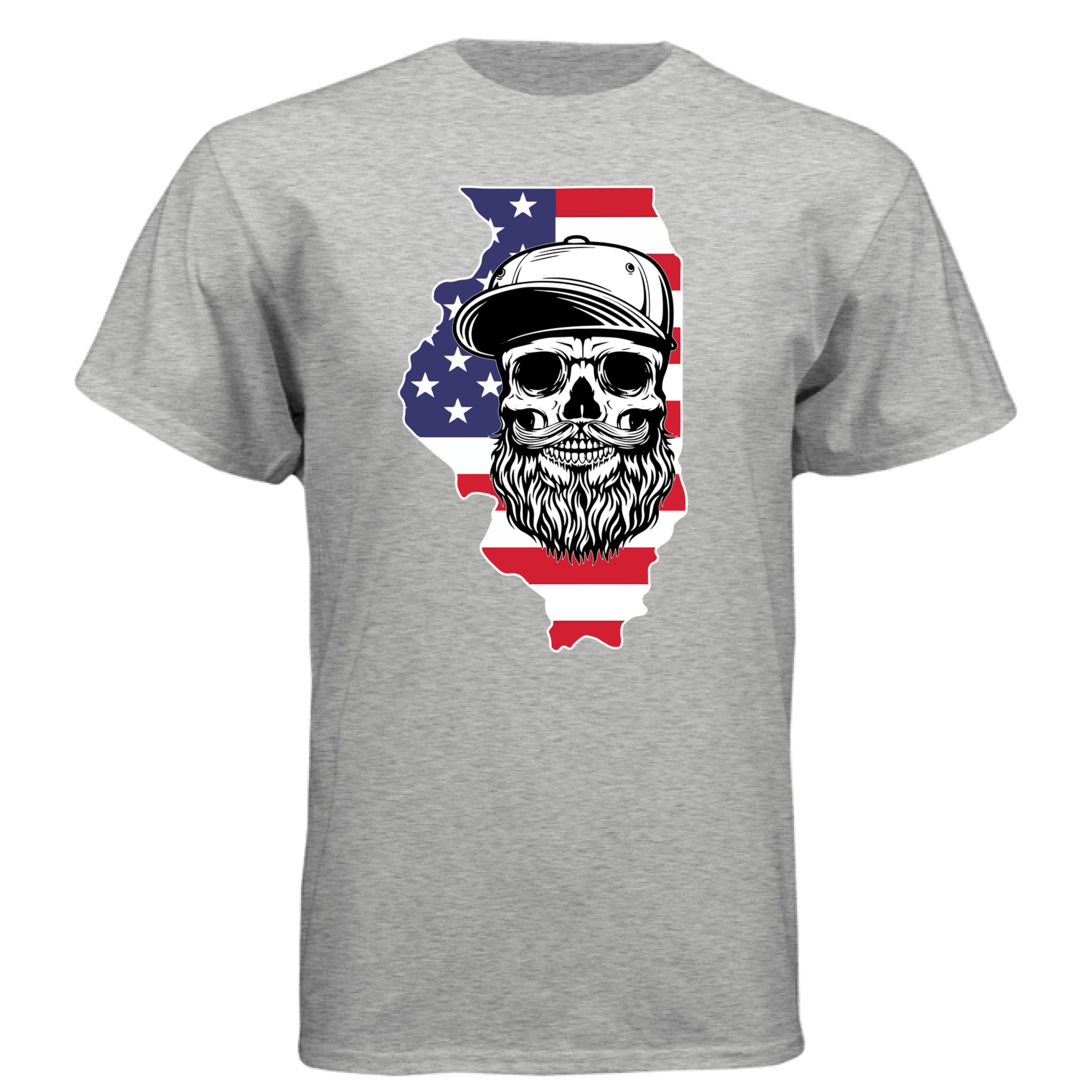 Illinois Bearded Skull Tee Shirt – Midwest Grit, Bearded Power LIGHT STEEL - FRONT