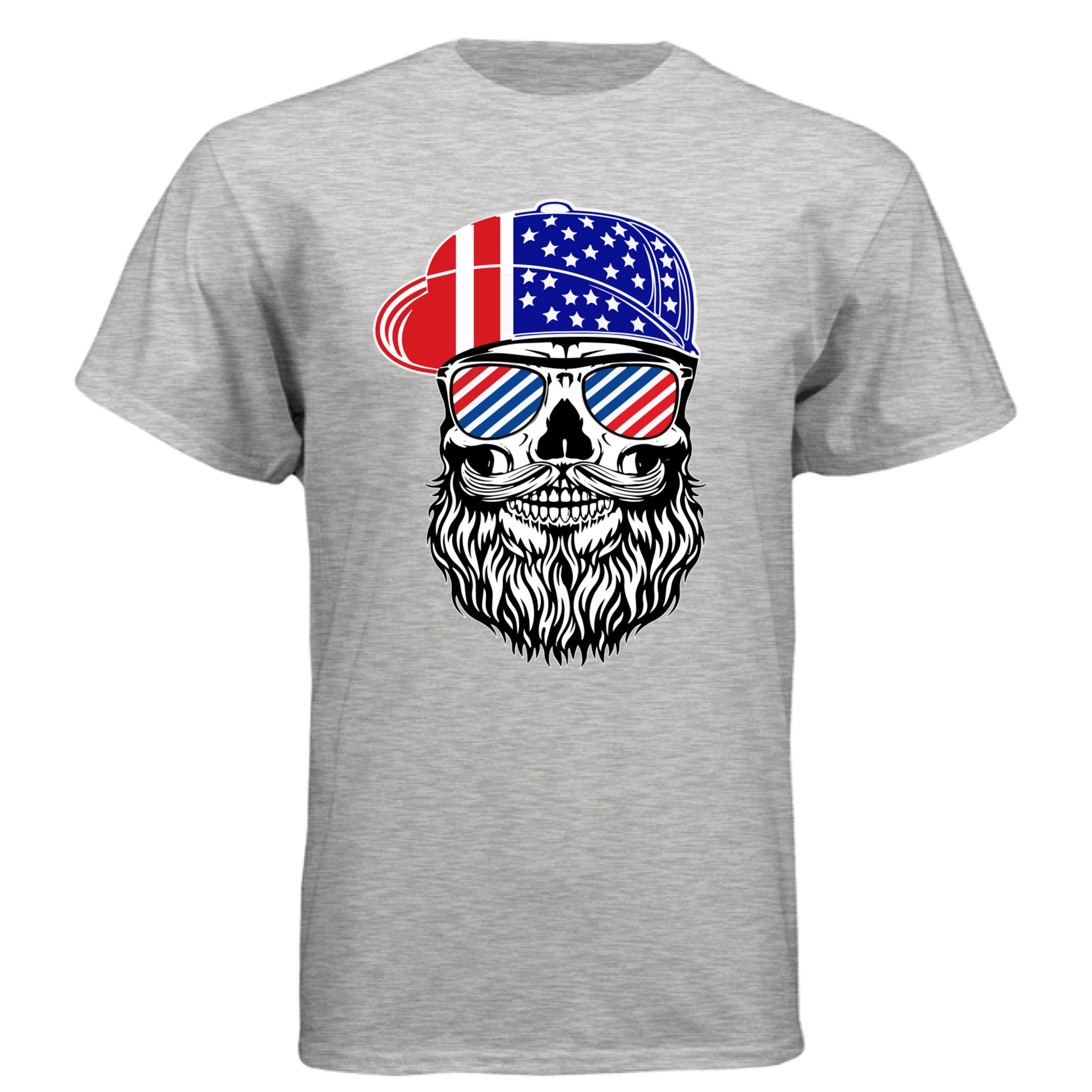 USA Bearded Skull Patriot Hanes Tee Shirt Great For 4th of July ASH - FRONT