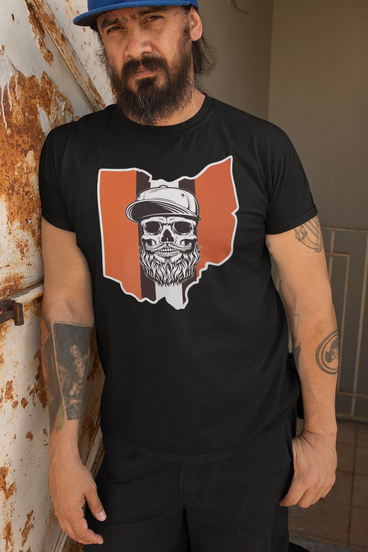 Cleveland FootBall Shirt With A Bearded Skull In Ohio Hanes Tee Shirt Beard Guys Hat Club