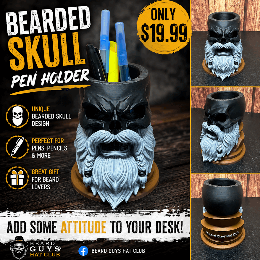 Bearded Skull Pen Holder – 3D Printed Desk Organizer | Beard Guys Hat Club