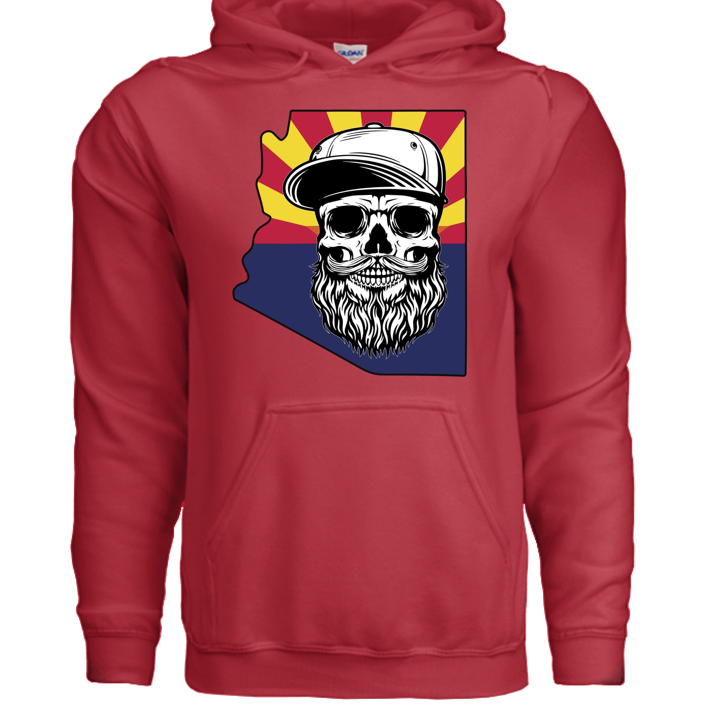 Arizona Bearded Skull Hoodie Desert Vibes for the Bearded Rebel RED - FRONT