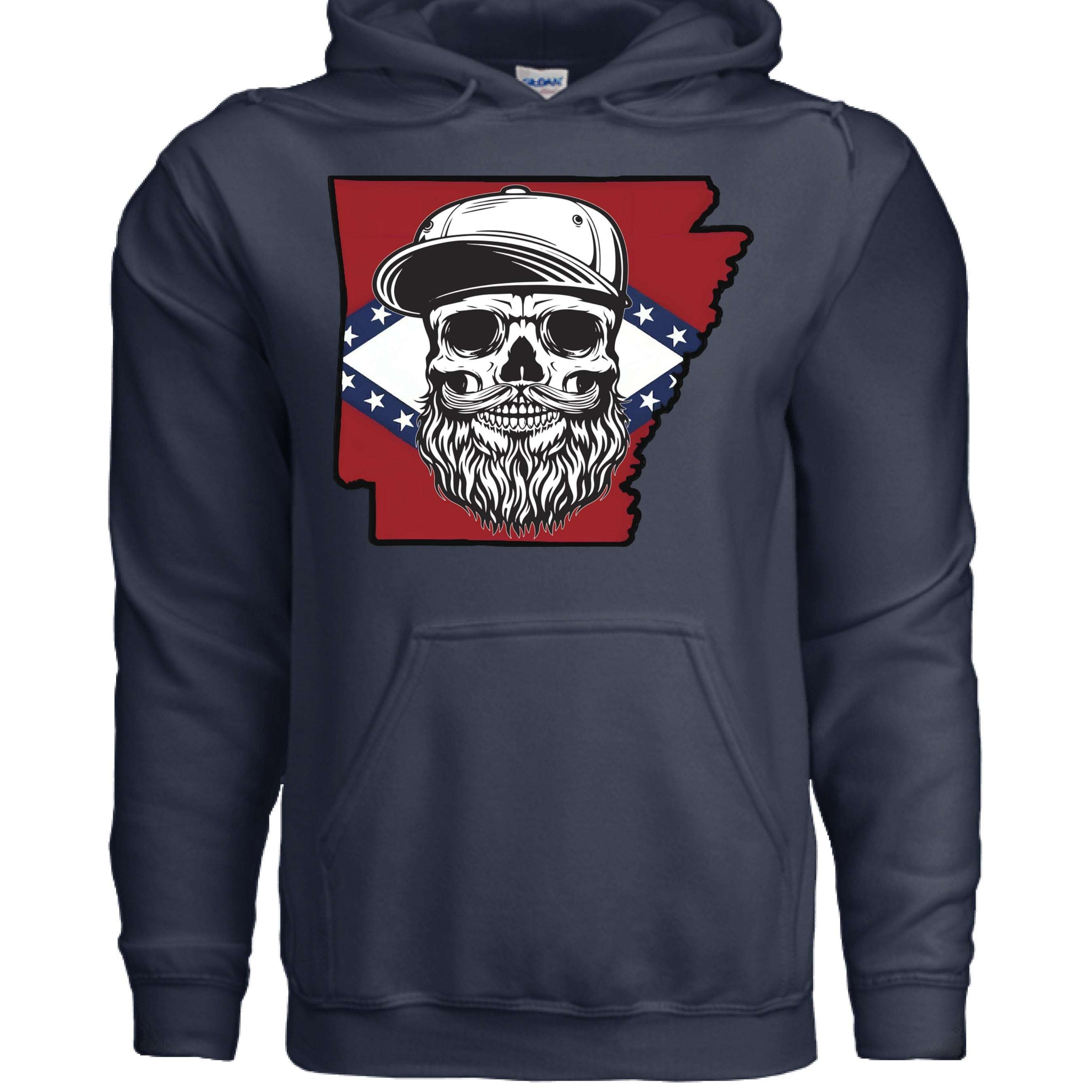 Arkansas Bearded Skull Hoodie Bold Southern Style for the Bearded Legends NAVY - FRONT