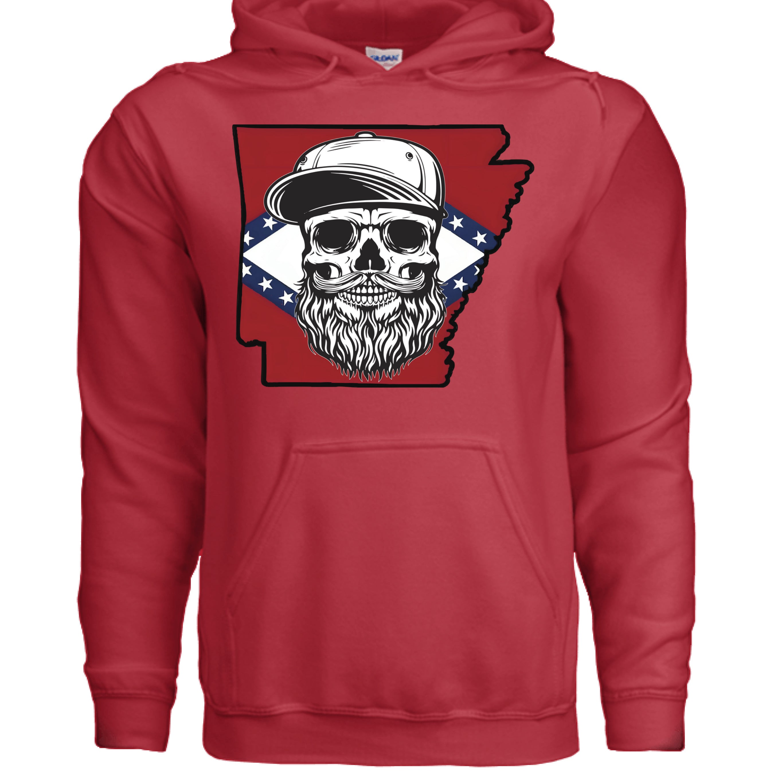 Arkansas Bearded Skull Hoodie Bold Southern Style for the Bearded Legends RED - FRONT