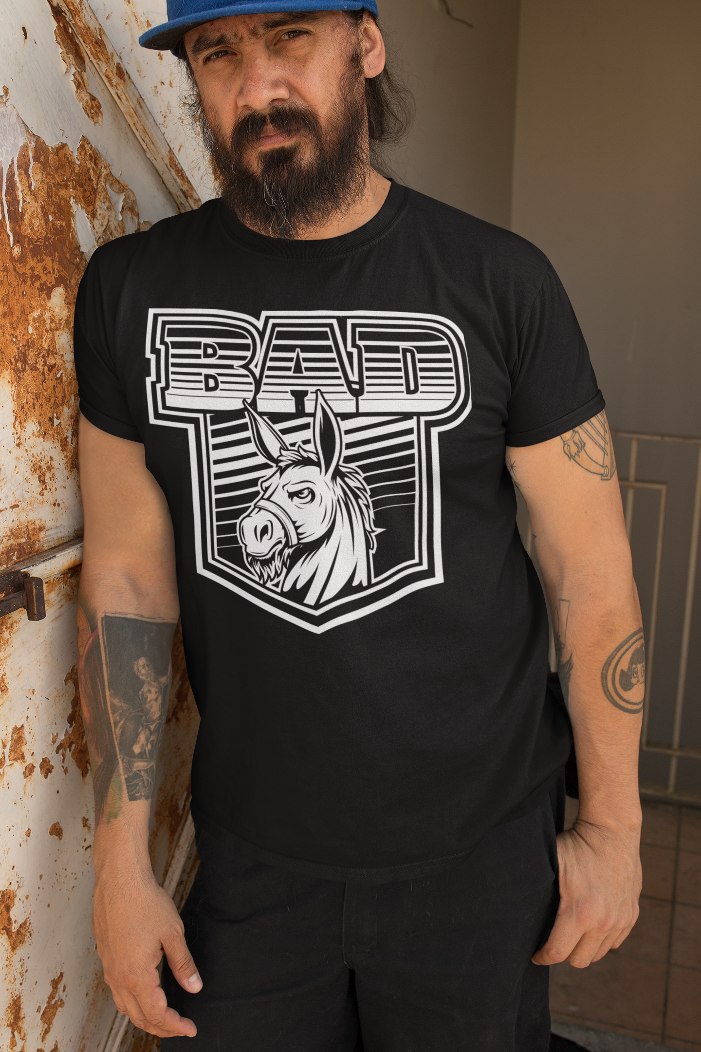 Bad Ass Bearded Donkey Illustration Fierce Beard Donkey Tee Shirt