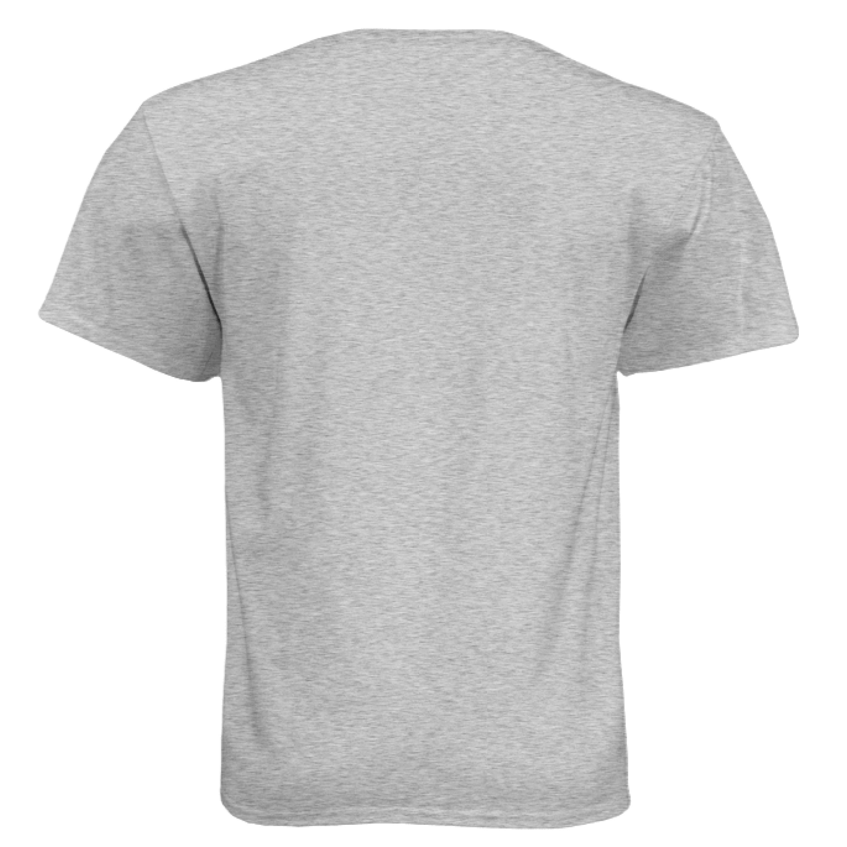 Back view of a gray t-shirt featuring the Bad Ass Bearded Donkey illustration design.