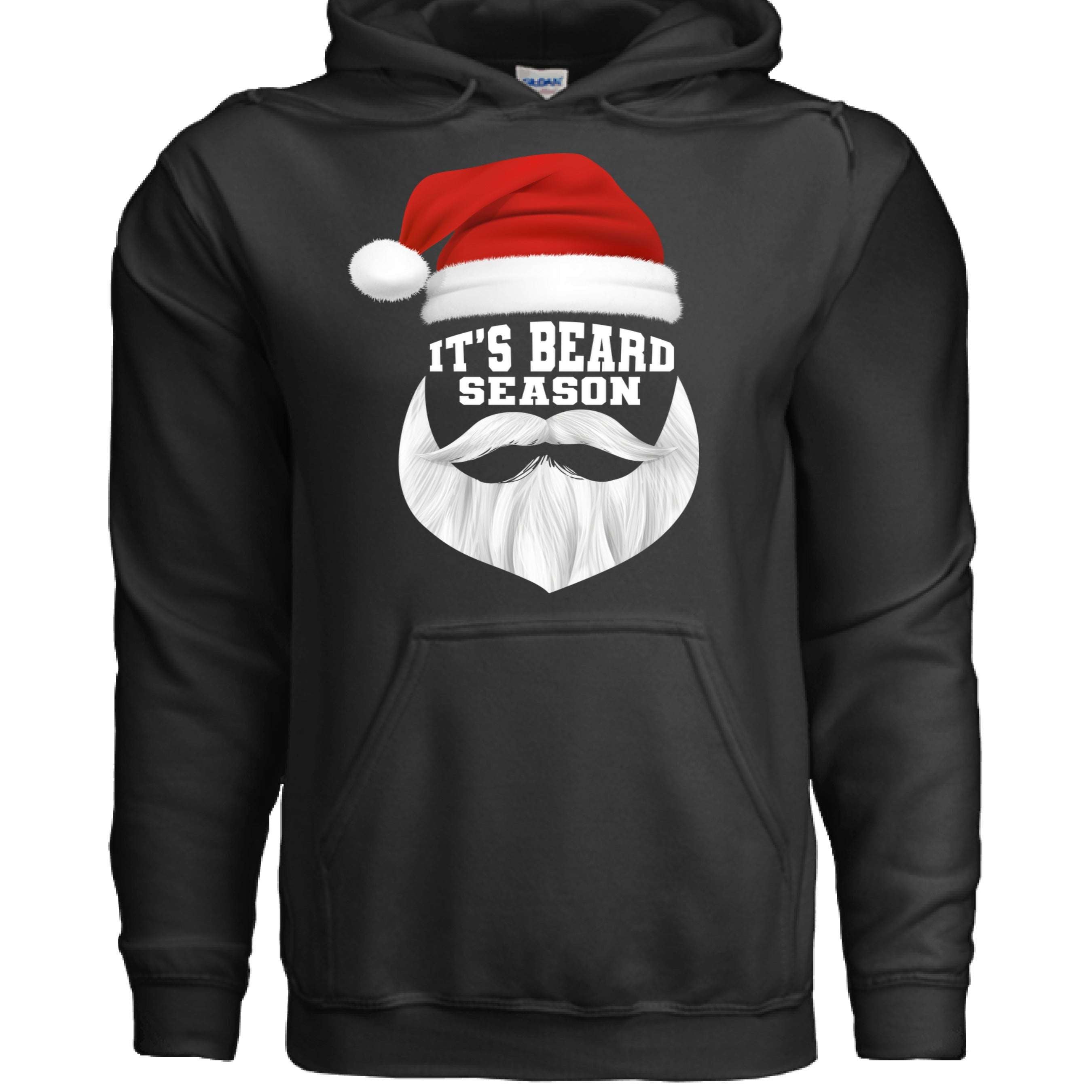It’s Beard Season Hoodie featuring a festive Santa hat and beard graphic, perfect for holiday cheer.