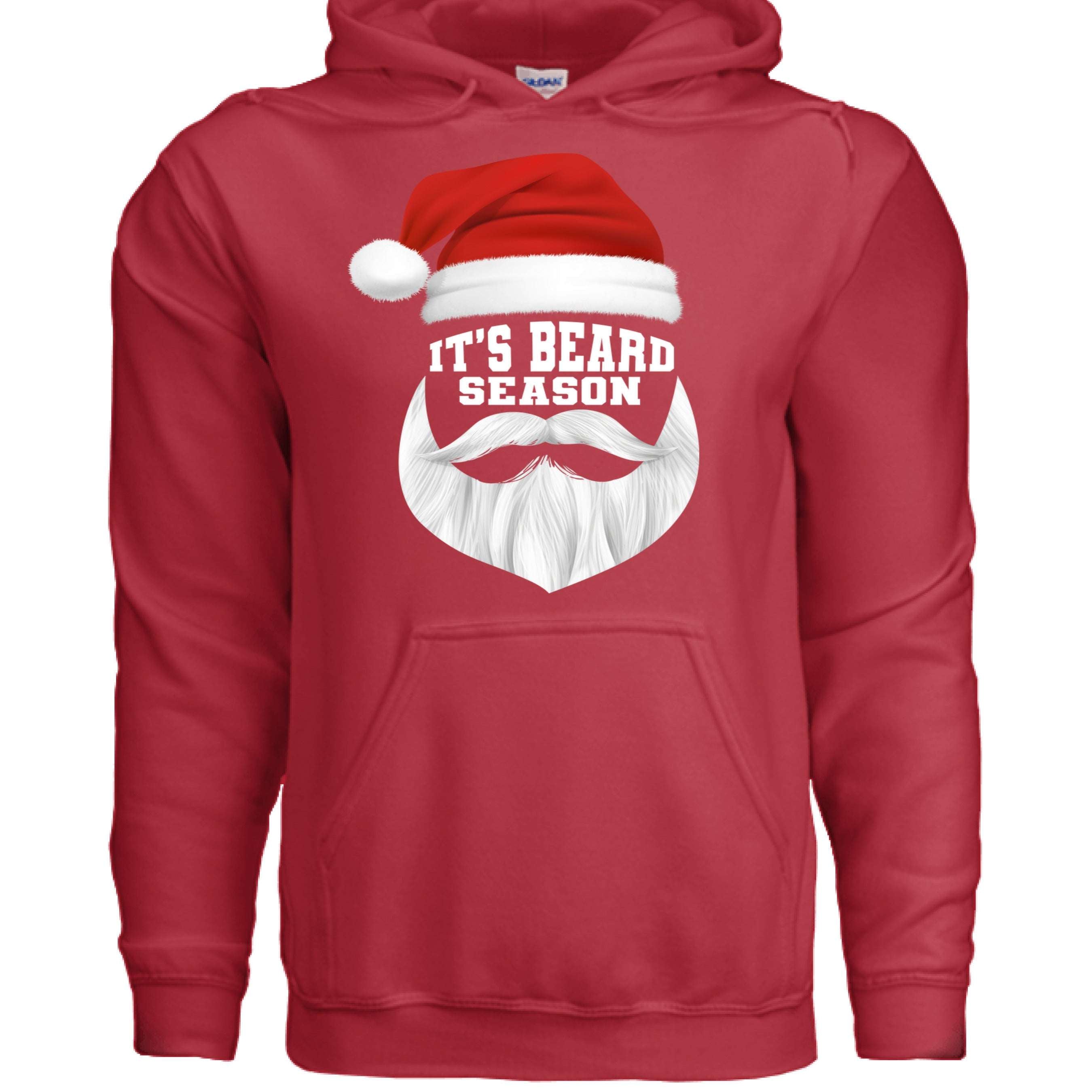 It’s Beard Season Hoodie featuring a festive Santa hat and beard design in red color.