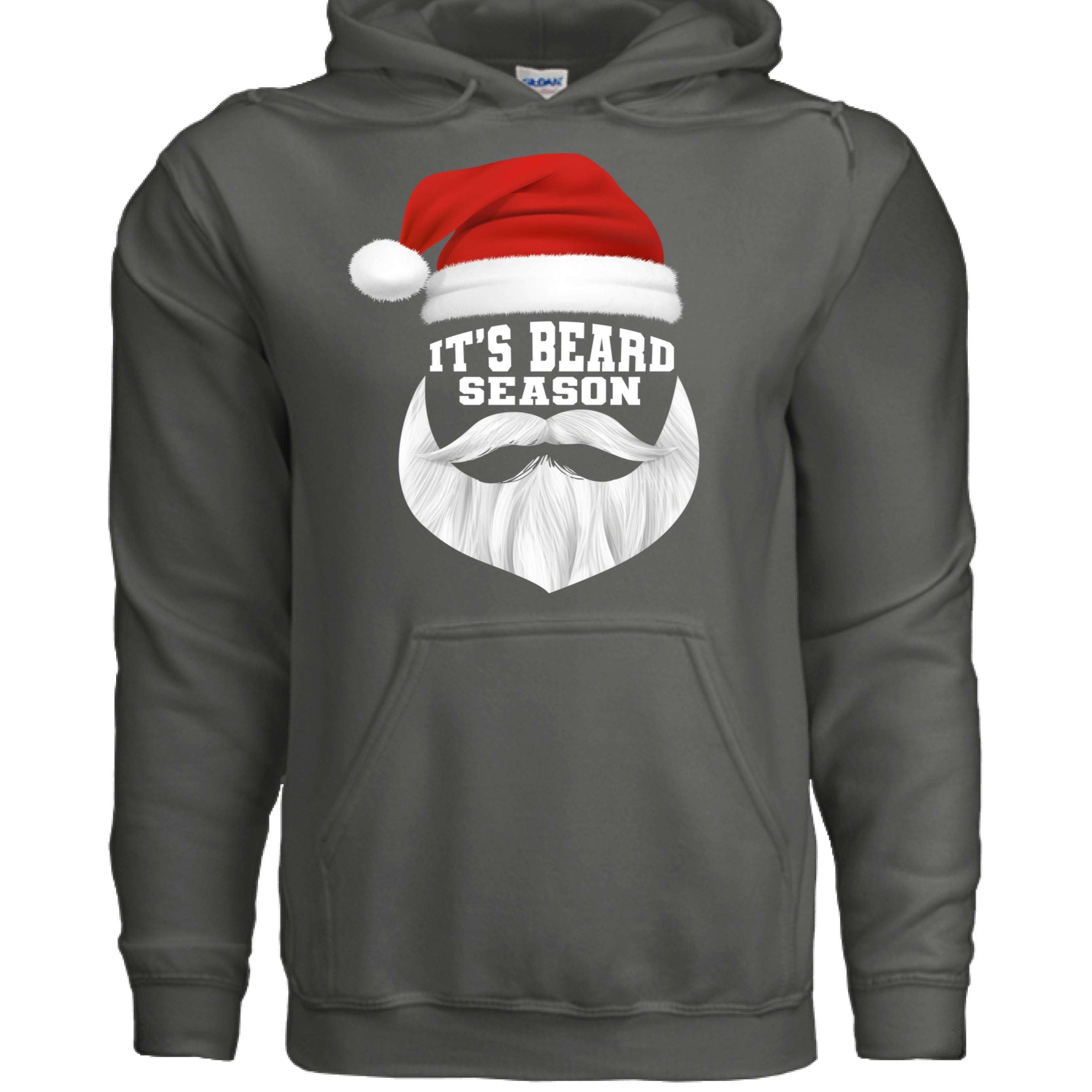 It’s Beard Season Hoodie with festive Santa hat and beard design in a cozy gray sweatshirt.
