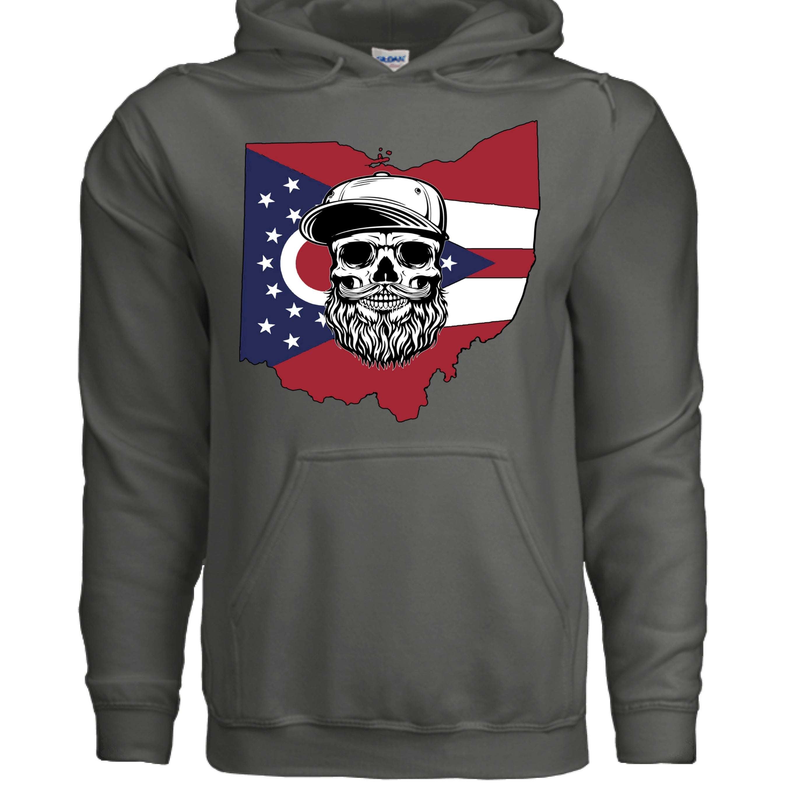 Ohio Bearded Skull Hoodie Ohio State Inspired front view , Ohio Bearded Skull Hoodie Ohio State Inspired graphic detail , Ohio Bearded Skull Hoodie Ohio State Inspired side angle,  Ohio State inspired beard skull hoodie close up