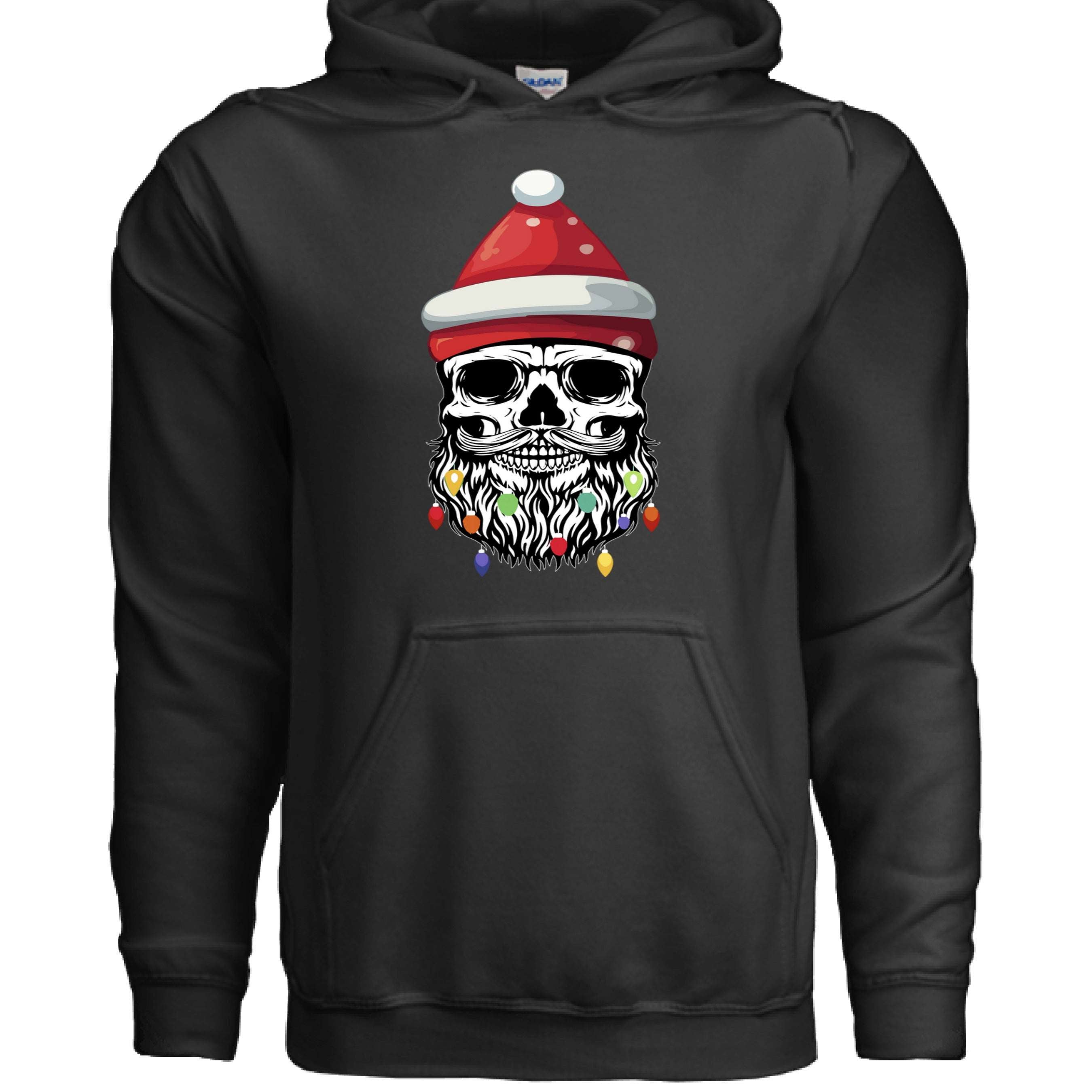 Bearded Skull Christmas Hoodie Design Festive Beard Art with Holiday Lights BLACK - FRONT