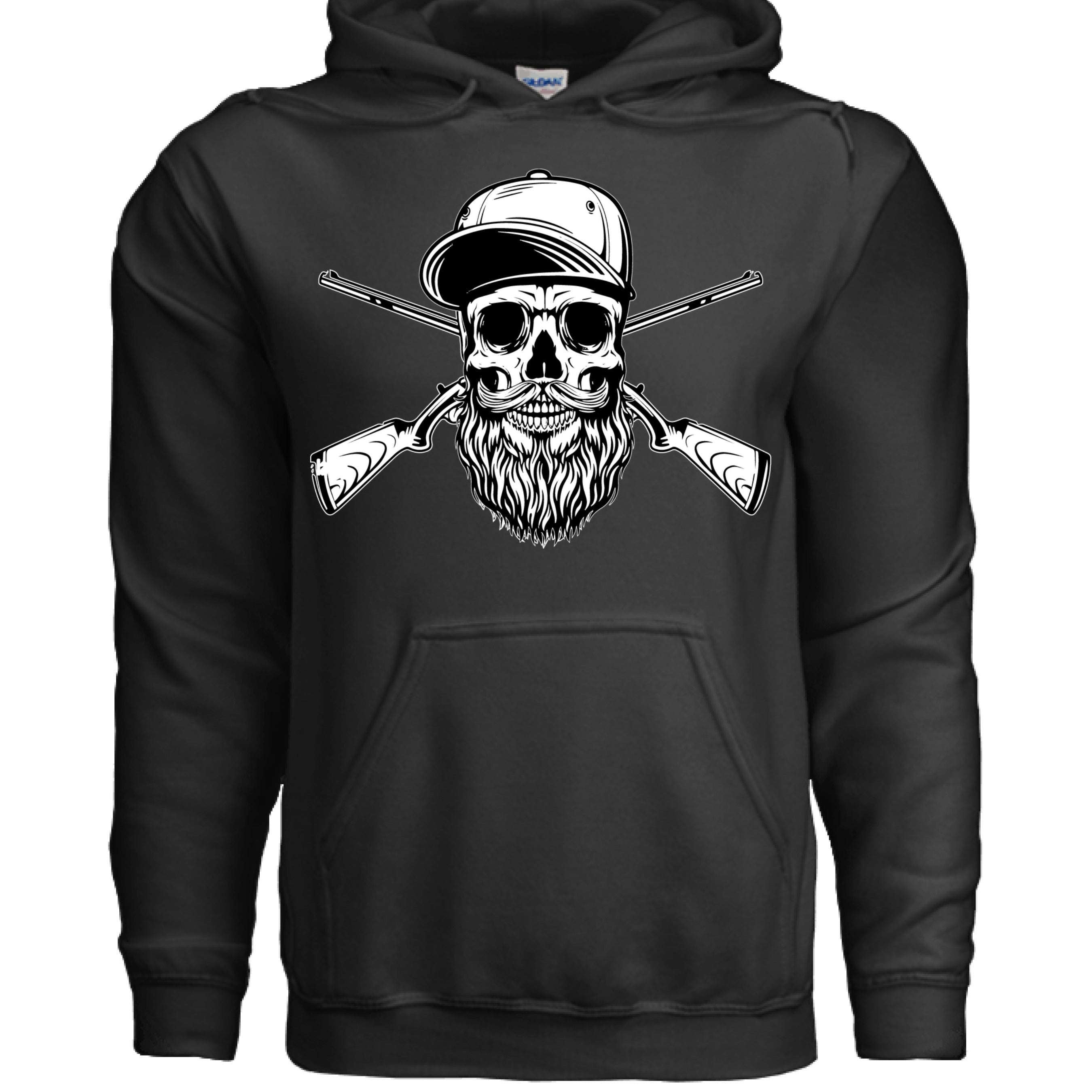 Hunter Bearded Skull with Crossed Shotguns Hoodie for Fearless Souls front view,  Hunter Bearded Skull with Crossed Shotguns Hoodie graphic detail , Hunter Bearded Skull with Crossed Shotguns Hoodie side angle,  Bearded skull with crossed shotguns hoodie close up