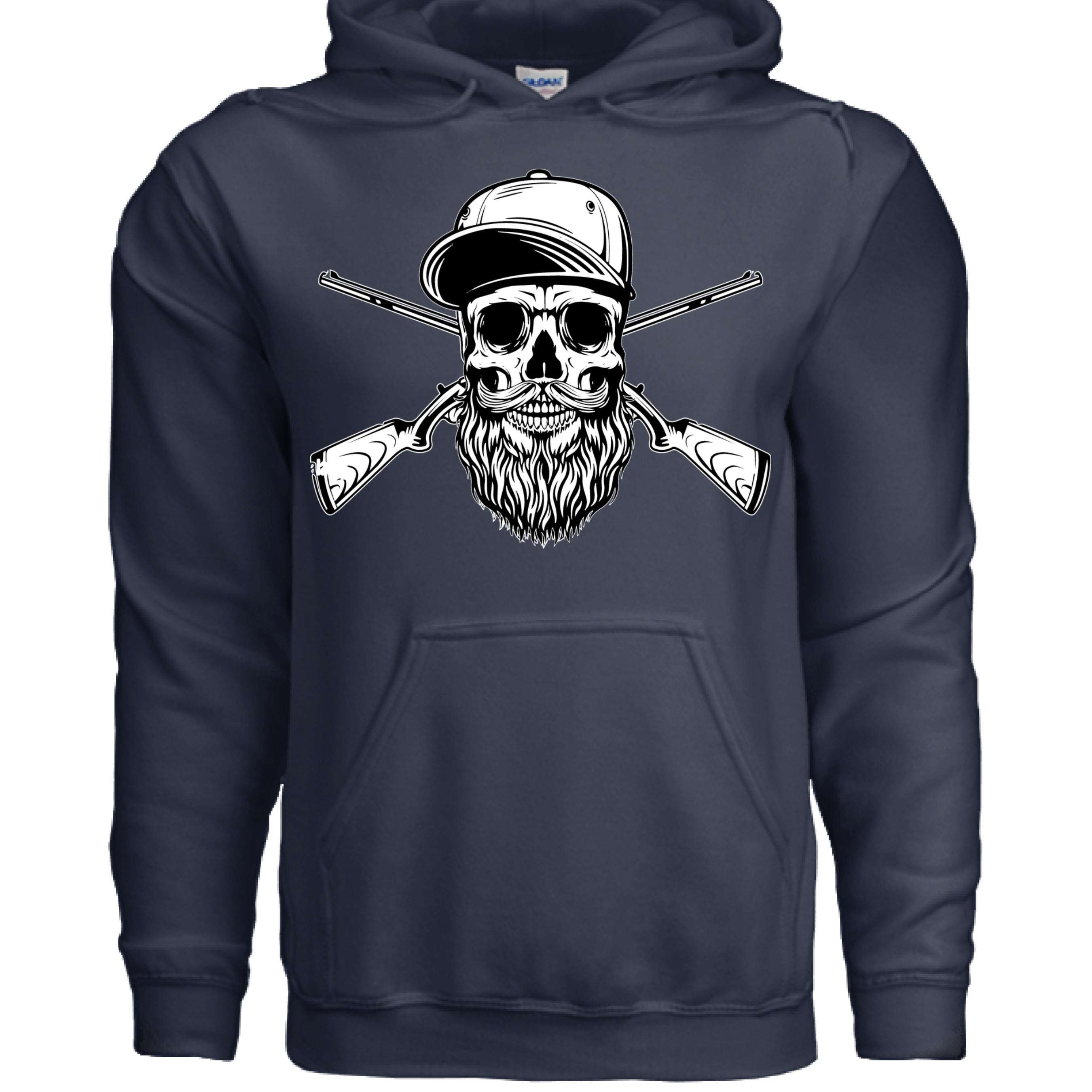 Hunter Bearded Skull with Crossed Shotguns Hoodie for Fearless Souls front view,  Hunter Bearded Skull with Crossed Shotguns Hoodie graphic detail , Hunter Bearded Skull with Crossed Shotguns Hoodie side angle,  Bearded skull with crossed shotguns hoodie close up