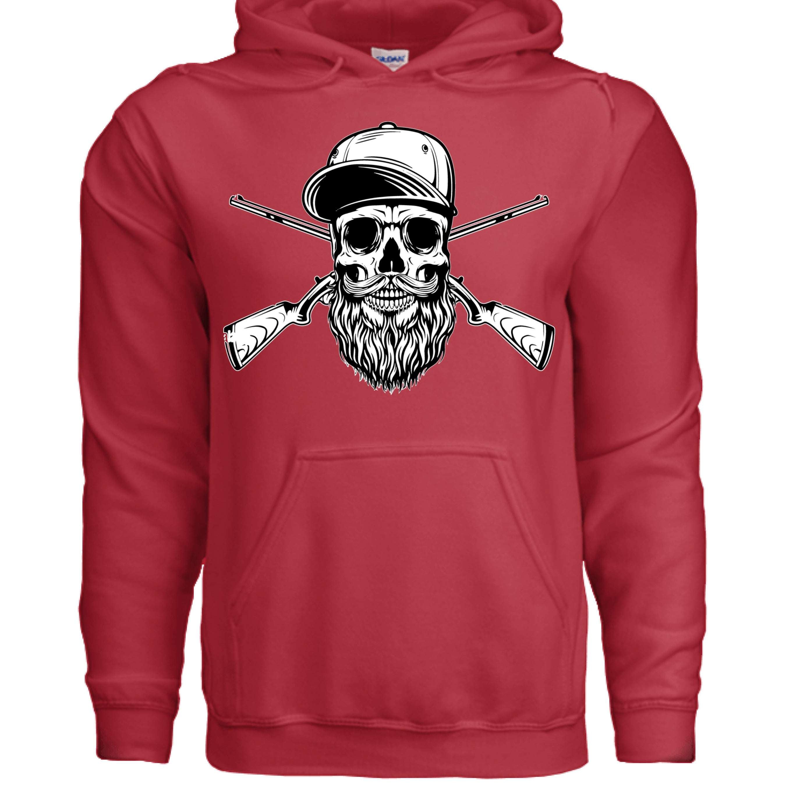 Hunter Bearded Skull with Crossed Shotguns Hoodie for Fearless Souls front view,  Hunter Bearded Skull with Crossed Shotguns Hoodie graphic detail , Hunter Bearded Skull with Crossed Shotguns Hoodie side angle,  Bearded skull with crossed shotguns hoodie close up