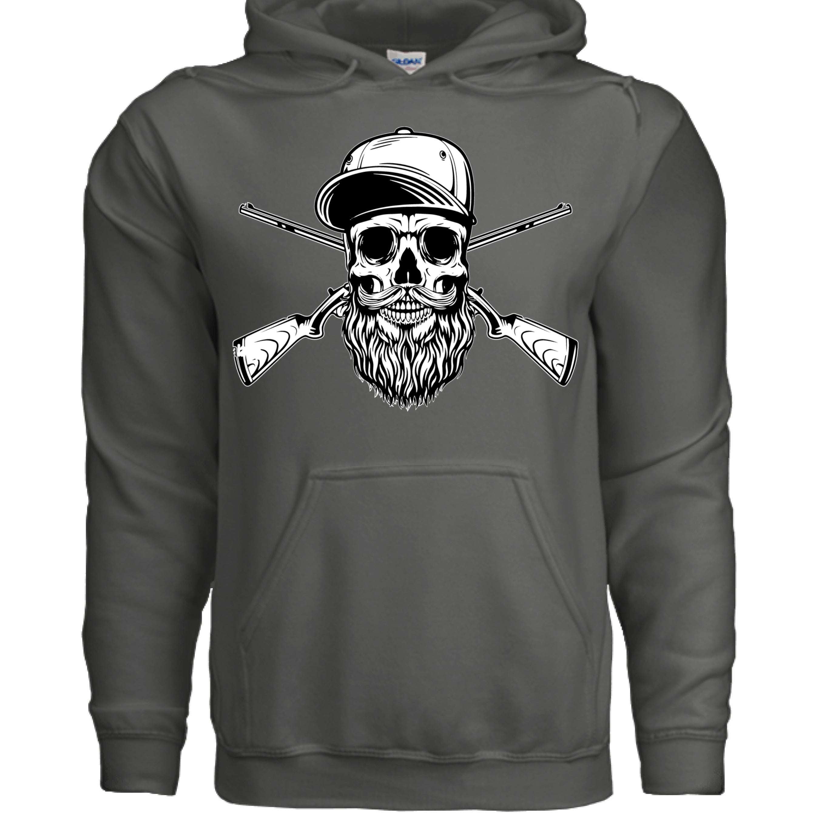 Hunter Bearded Skull with Crossed Shotguns Hoodie for Fearless Souls front view,  Hunter Bearded Skull with Crossed Shotguns Hoodie graphic detail , Hunter Bearded Skull with Crossed Shotguns Hoodie side angle,  Bearded skull with crossed shotguns hoodie close up