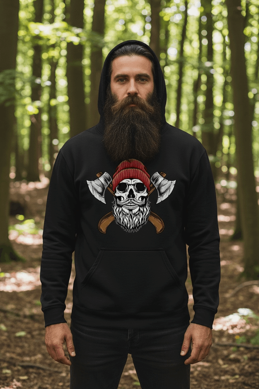 Bearded Lumberjack Skull Hoodie for the Woods Man worn outdoors in a forest setting with vibrant greenery.