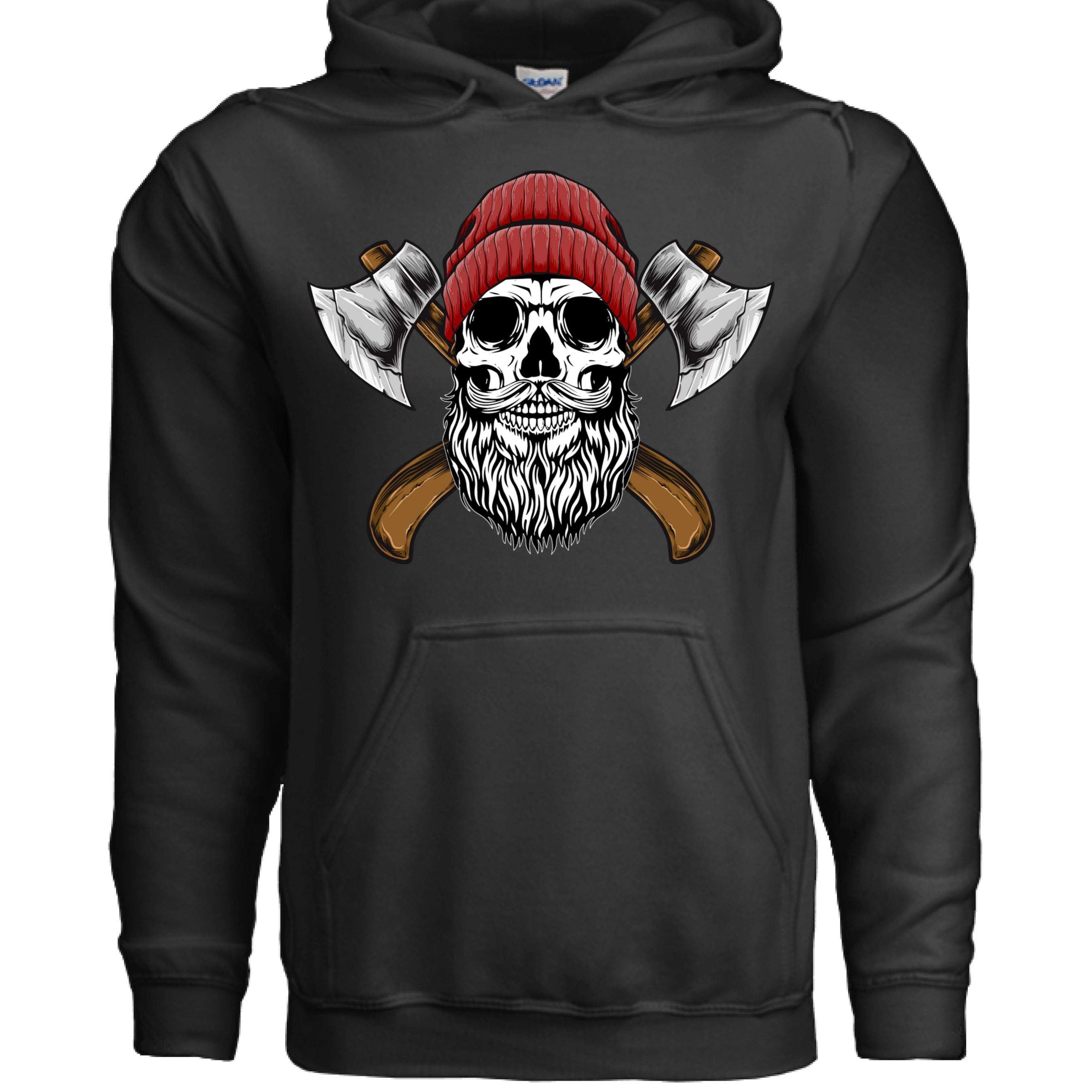 Bearded Lumberjack Skull Hoodie featuring axes, skull, and beard design on a black background.