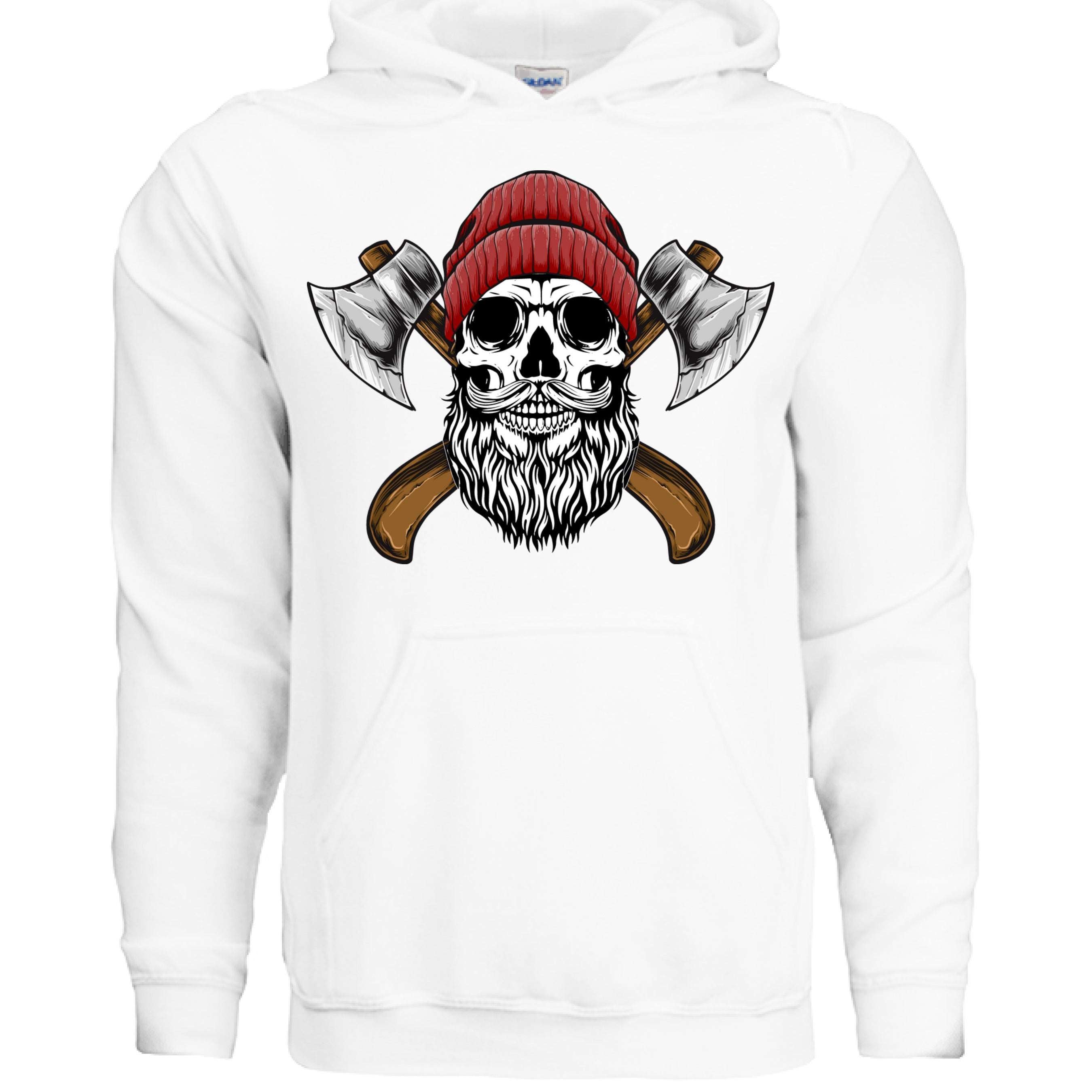 Bearded Lumberjack Skull Hoodie featuring a skull with a beard and axes, perfect for outdoor enthusiasts.