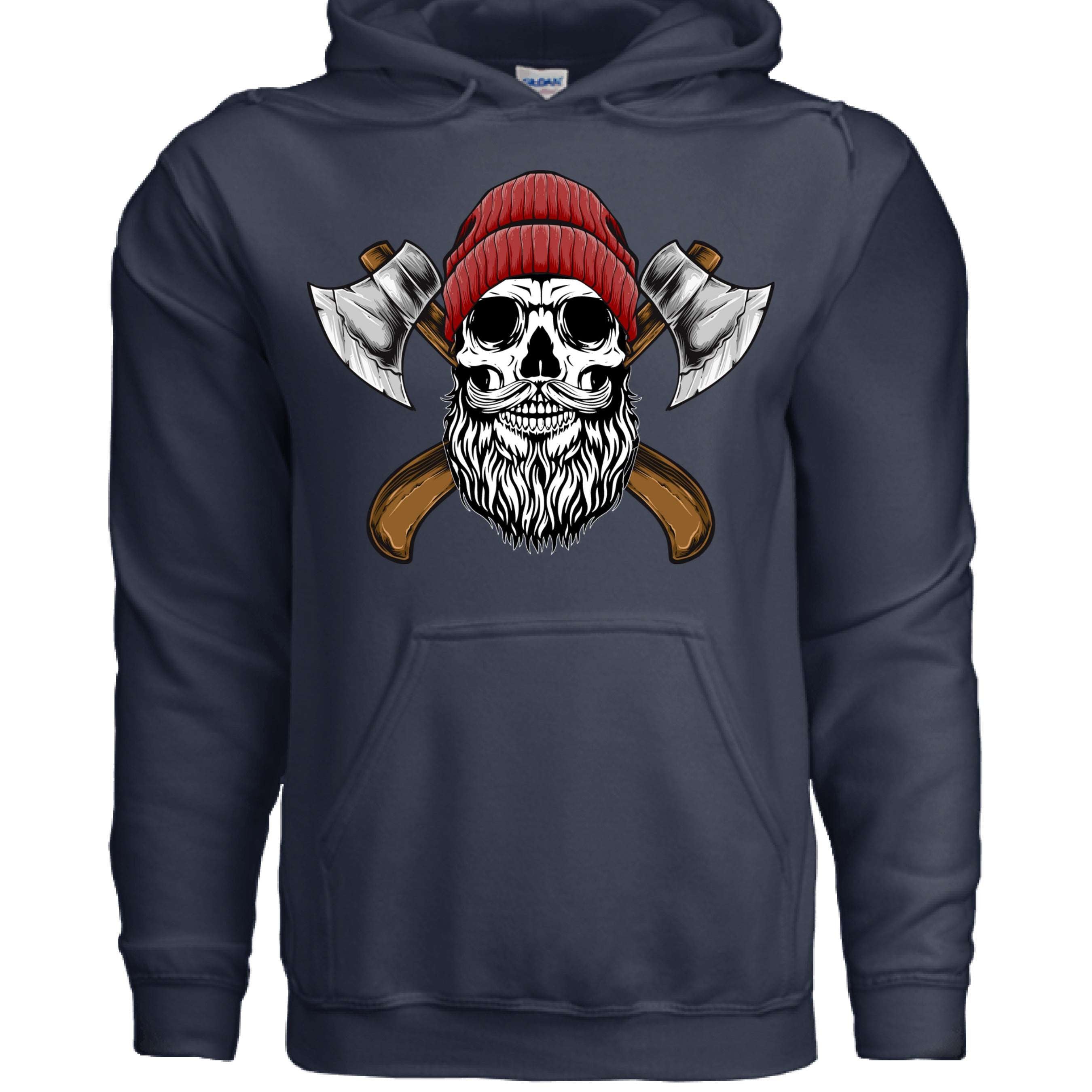 Bearded Lumberjack Skull Hoodie featuring axes and a skull with a beard, perfect for outdoor enthusiasts.