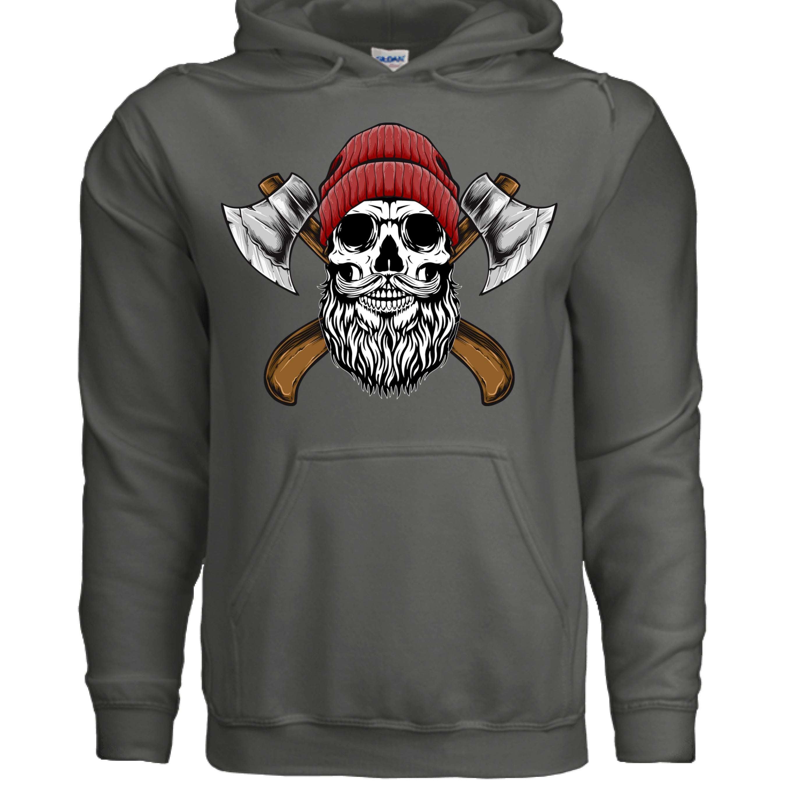 Bearded Lumberjack Skull Hoodie featuring an illustrated skull with axes, perfect for the woods man.