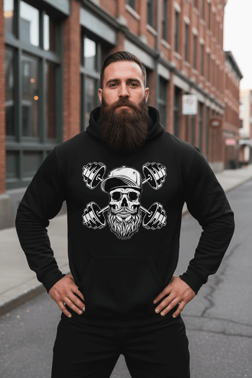 Bearded Skull with Dumbbells Fitness and Strength Beard Workout Hoodie

