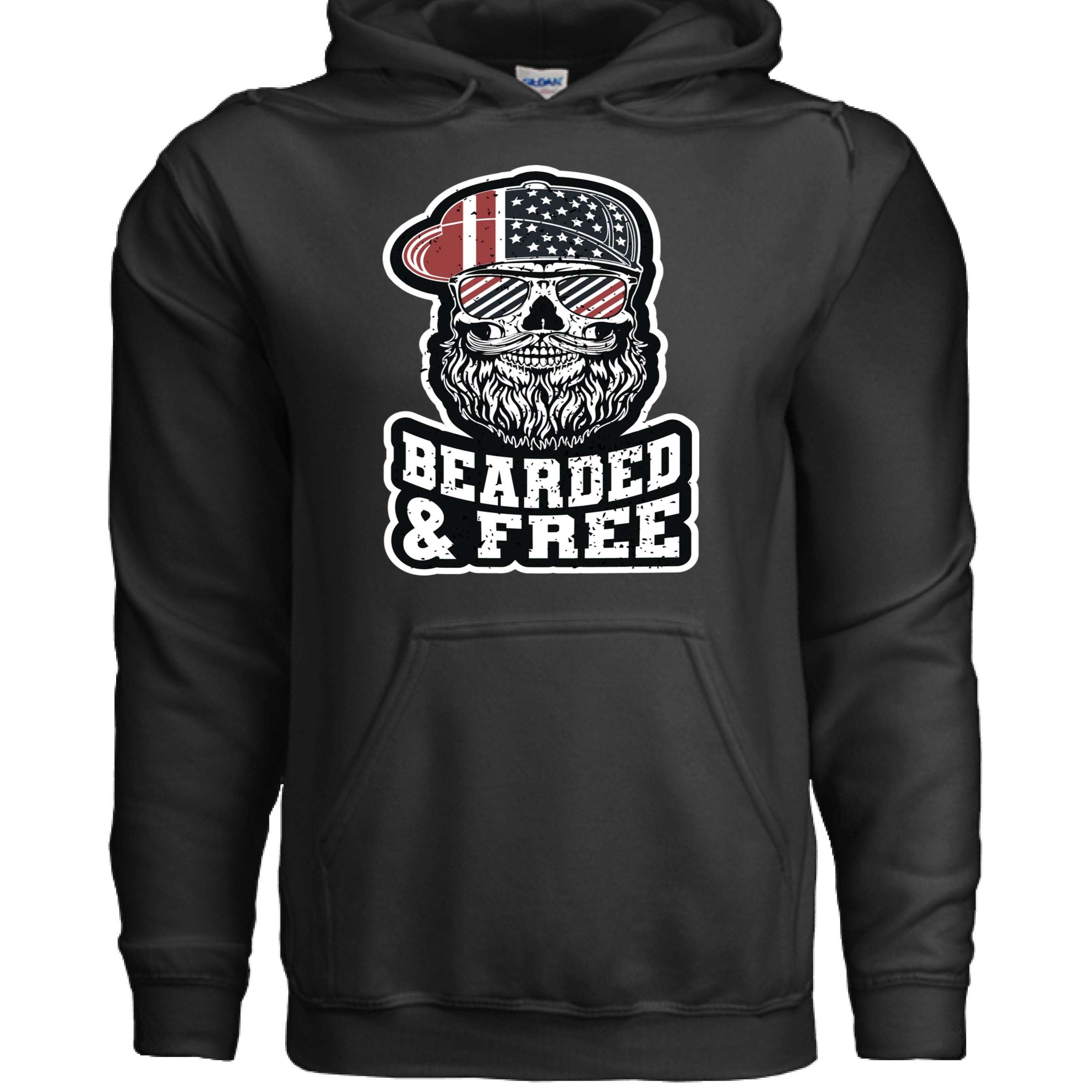 Bearded & Free Hoodie Bold Statement for Patriotic Beard Lovers front view,  Bearded & Free Hoodie Bold Statement graphic close-up,  Bearded & Free Hoodie side angle,  Patriotic beard hoodie close upT