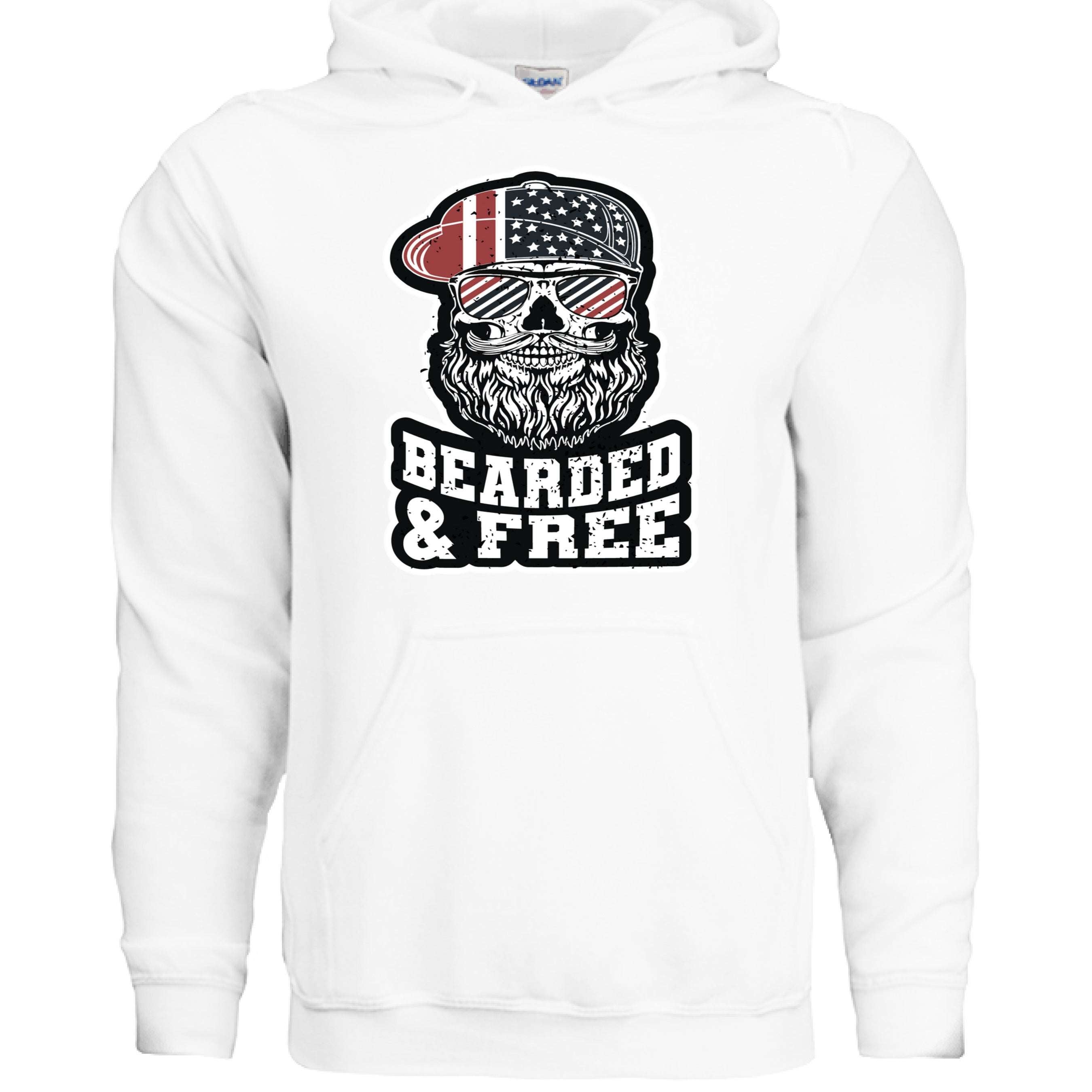 Bearded & Free Hoodie Bold Statement for Patriotic Beard Lovers front view,  Bearded & Free Hoodie Bold Statement graphic close-up,  Bearded & Free Hoodie side angle,  Patriotic beard hoodie close up
