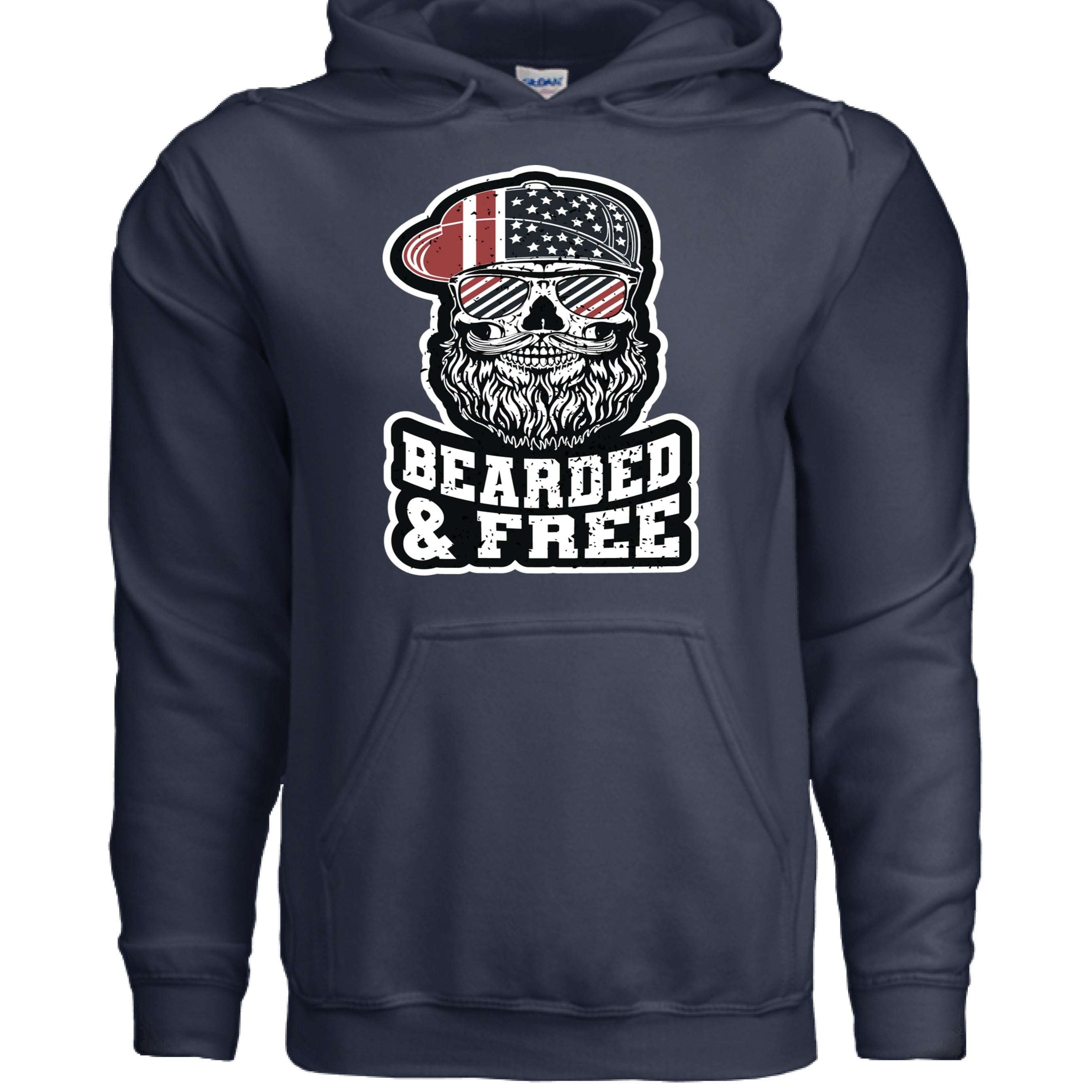 Bearded & Free Hoodie Bold Statement for Patriotic Beard Lovers front view,  Bearded & Free Hoodie Bold Statement graphic close-up,  Bearded & Free Hoodie side angle,  Patriotic beard hoodie close up