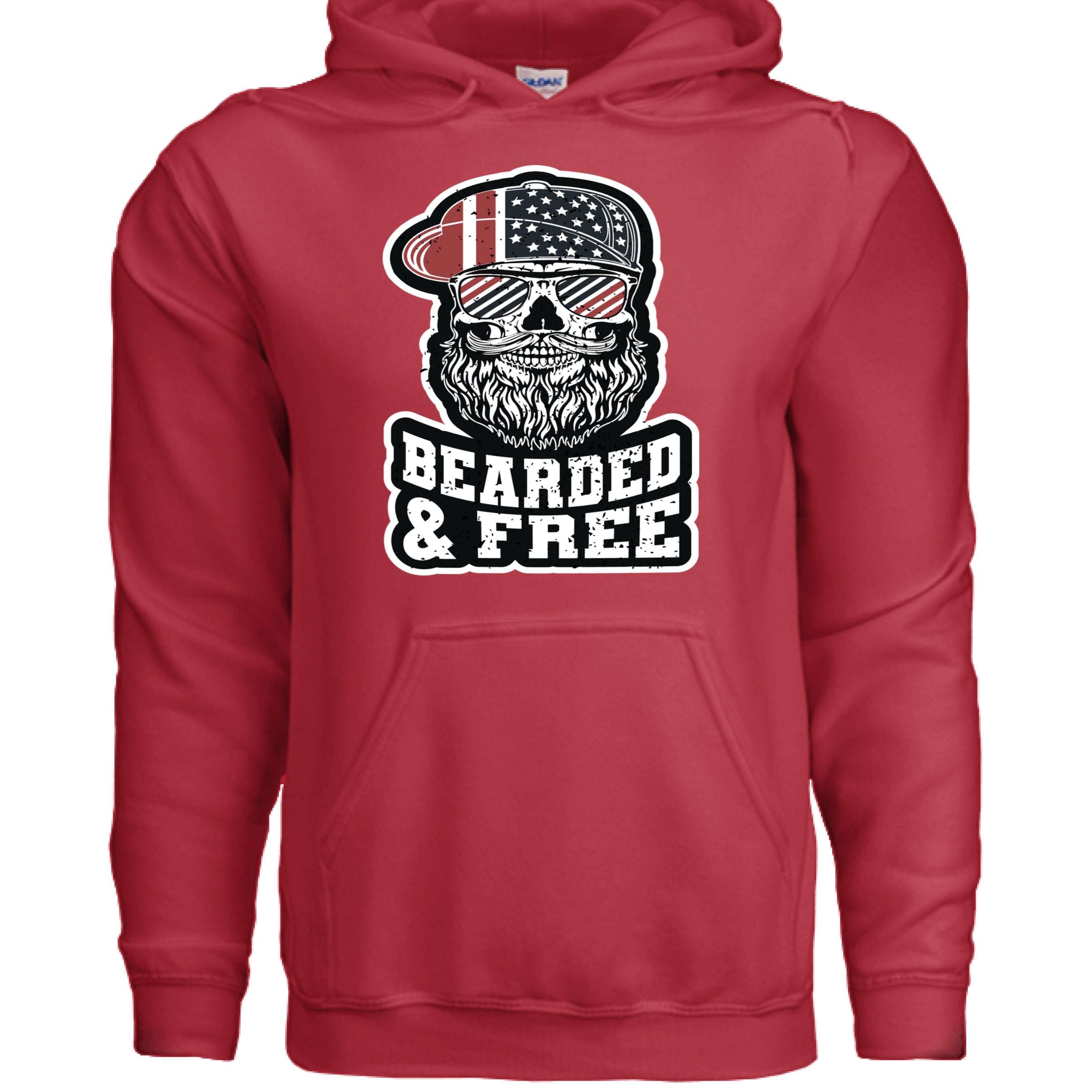 Bearded & Free Hoodie Bold Statement for Patriotic Beard Lovers front view,  Bearded & Free Hoodie Bold Statement graphic close-up,  Bearded & Free Hoodie side angle,  Patriotic beard hoodie close up