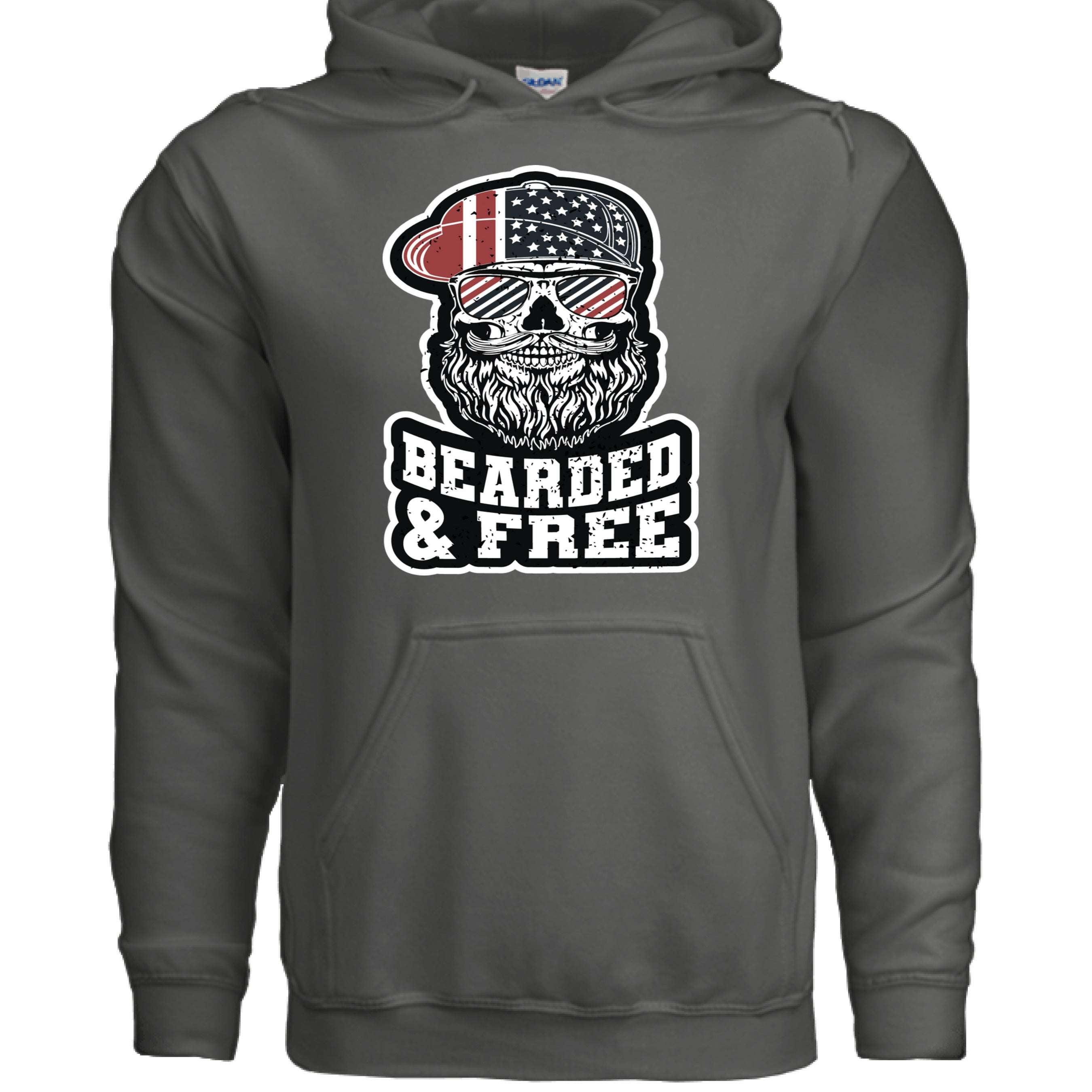 Bearded & Free Hoodie Bold Statement for Patriotic Beard Lovers front view,  Bearded & Free Hoodie Bold Statement graphic close-up,  Bearded & Free Hoodie side angle,  Patriotic beard hoodie close up