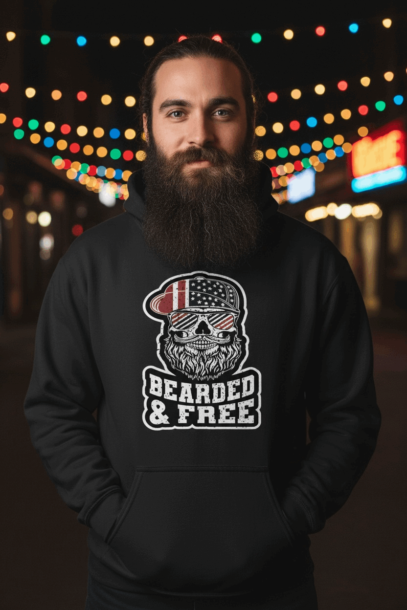 Bearded & Free Hoodie Bold Statement for Patriotic Beard Lovers front view,  Bearded & Free Hoodie Bold Statement graphic close-up,  Bearded & Free Hoodie side angle,  Patriotic beard hoodie close up