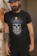 Bearded Cop Skull Police on a black t-shirt worn by a man against a rustic background.