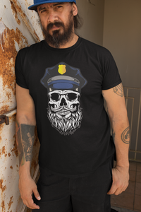 Bearded Cop Skull Police on a black t-shirt worn by a man against a rustic background.