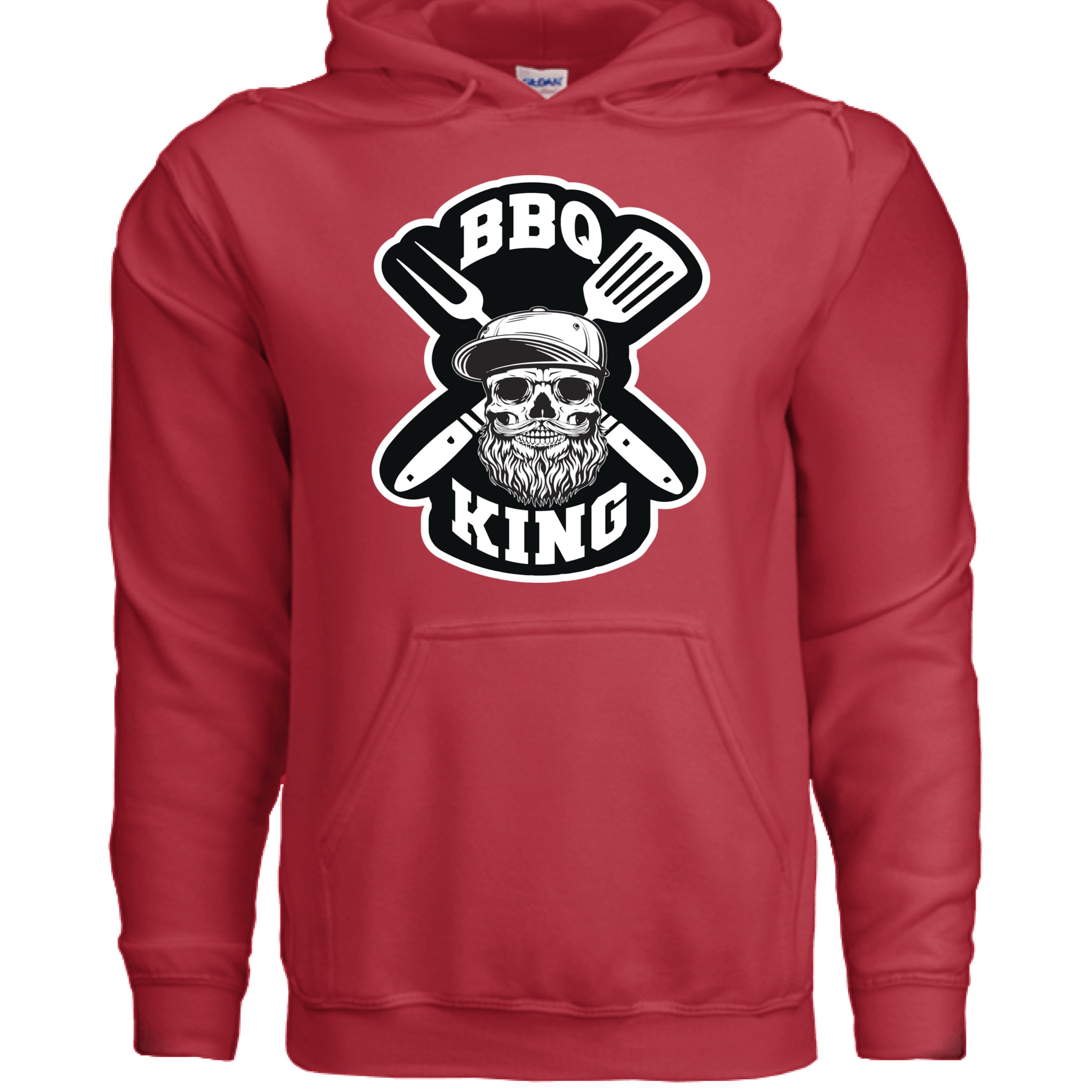 Bearded BBQ Grill Master Hoodie featuring a skull, grilling tools, and bold BBQ King design in red.