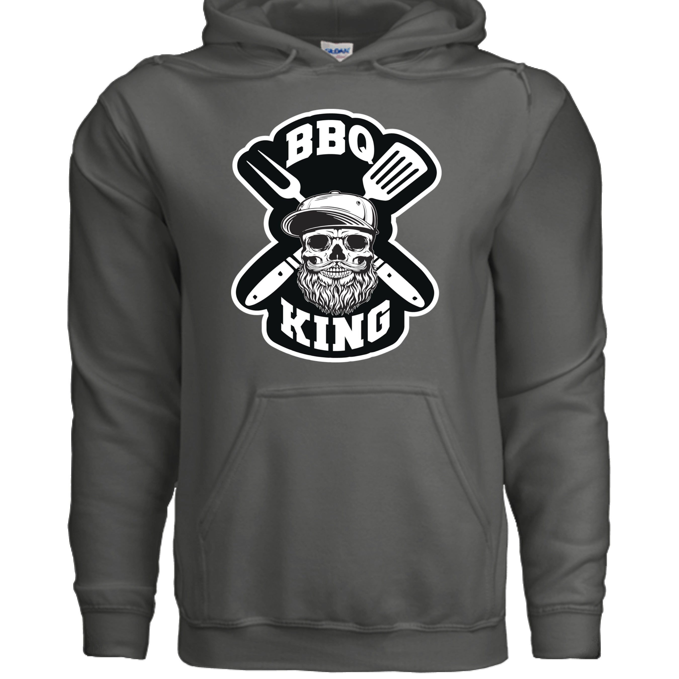 Bearded BBQ Grill Master Hoodie featuring a skull and grilling tools design on a grey hoodie.