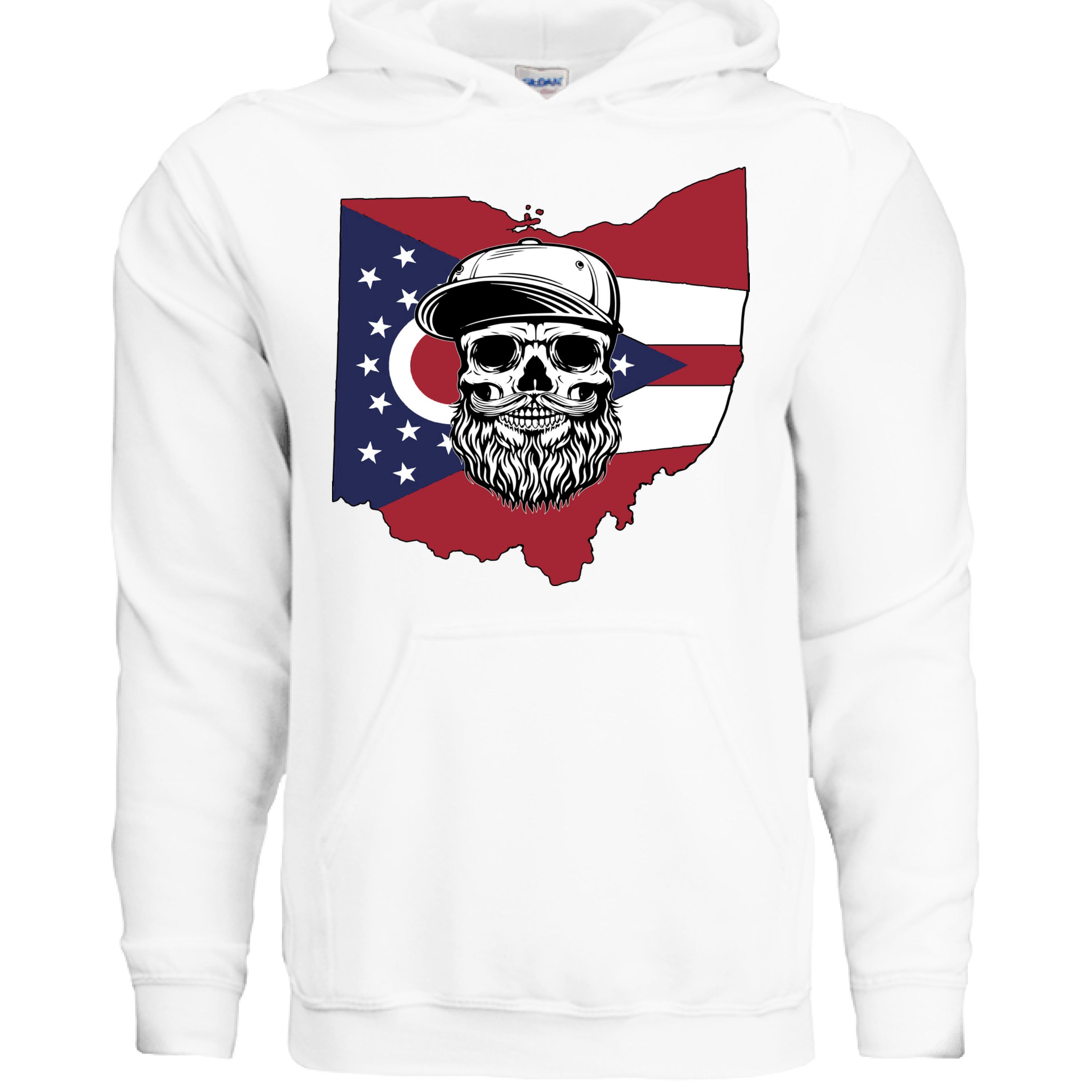 Ohio Bearded Skull Hoodie Ohio State Inspired front view , Ohio Bearded Skull Hoodie Ohio State Inspired graphic detail , Ohio Bearded Skull Hoodie Ohio State Inspired side angle,  Ohio State inspired beard skull hoodie close up