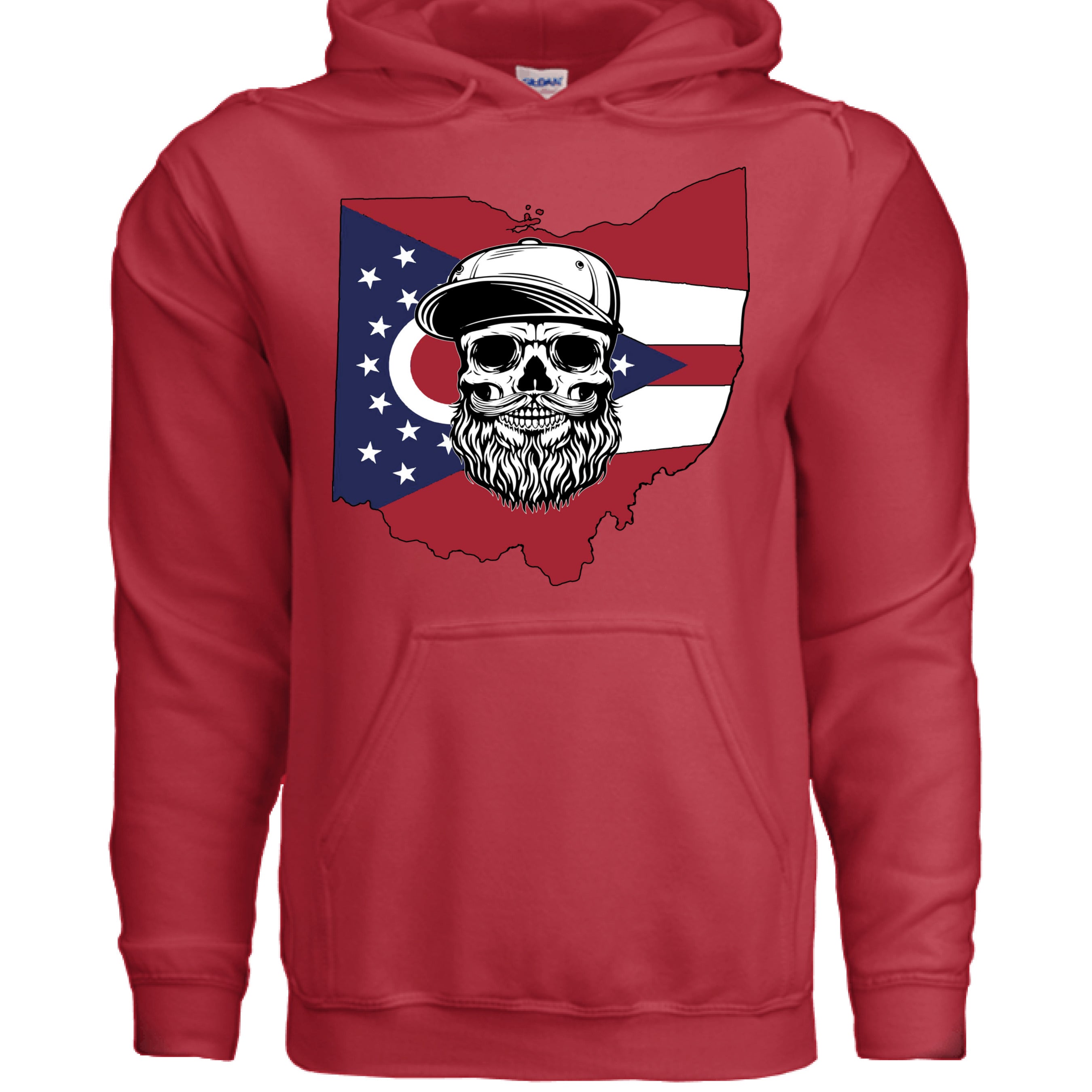 Ohio Bearded Skull Hoodie Ohio State Inspired front view , Ohio Bearded Skull Hoodie Ohio State Inspired graphic detail , Ohio Bearded Skull Hoodie Ohio State Inspired side angle,  Ohio State inspired beard skull hoodie close up