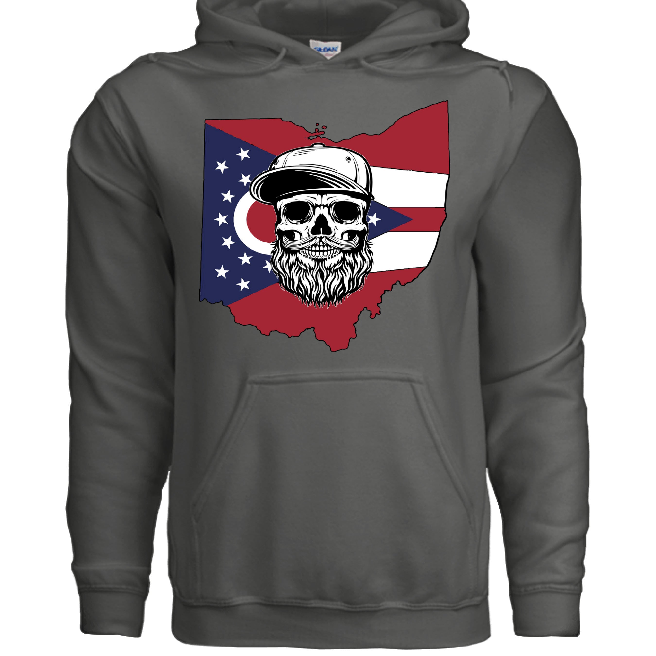 Ohio Bearded Skull Hoodie Ohio State Inspired front view , Ohio Bearded Skull Hoodie Ohio State Inspired graphic detail , Ohio Bearded Skull Hoodie Ohio State Inspired side angle,  Ohio State inspired beard skull hoodie close up