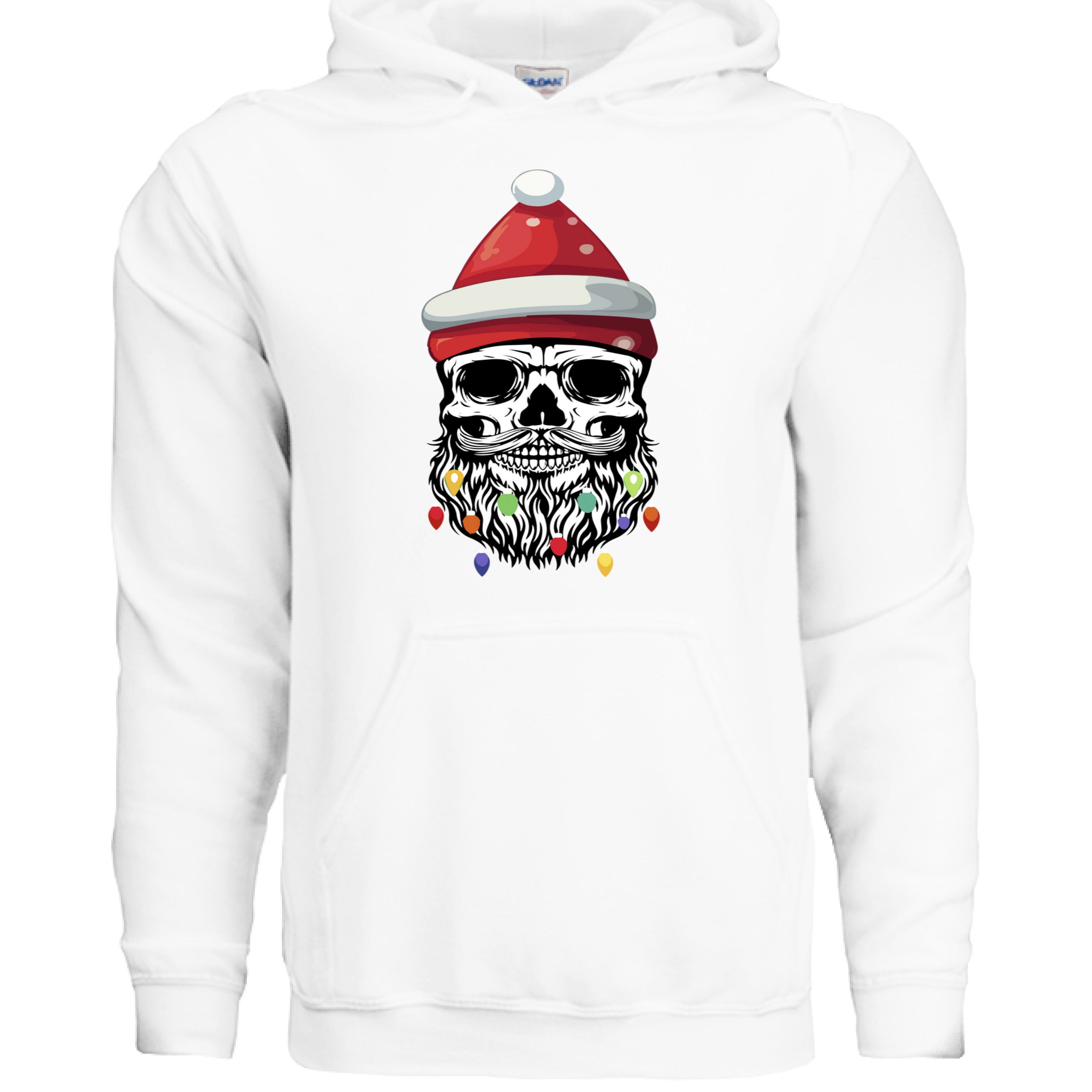 Bearded Skull Christmas Hoodie Design Festive Beard Art with Holiday Lights WHITE - FRONT