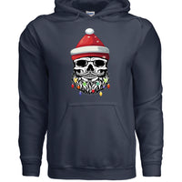 Bearded Skull Christmas Hoodie Design Festive Beard Art with Holiday Lights NAVY - FRONT