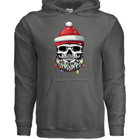 Bearded Skull Christmas Hoodie Design Festive Beard Art with Holiday Lights CHARCOAL - FRONT