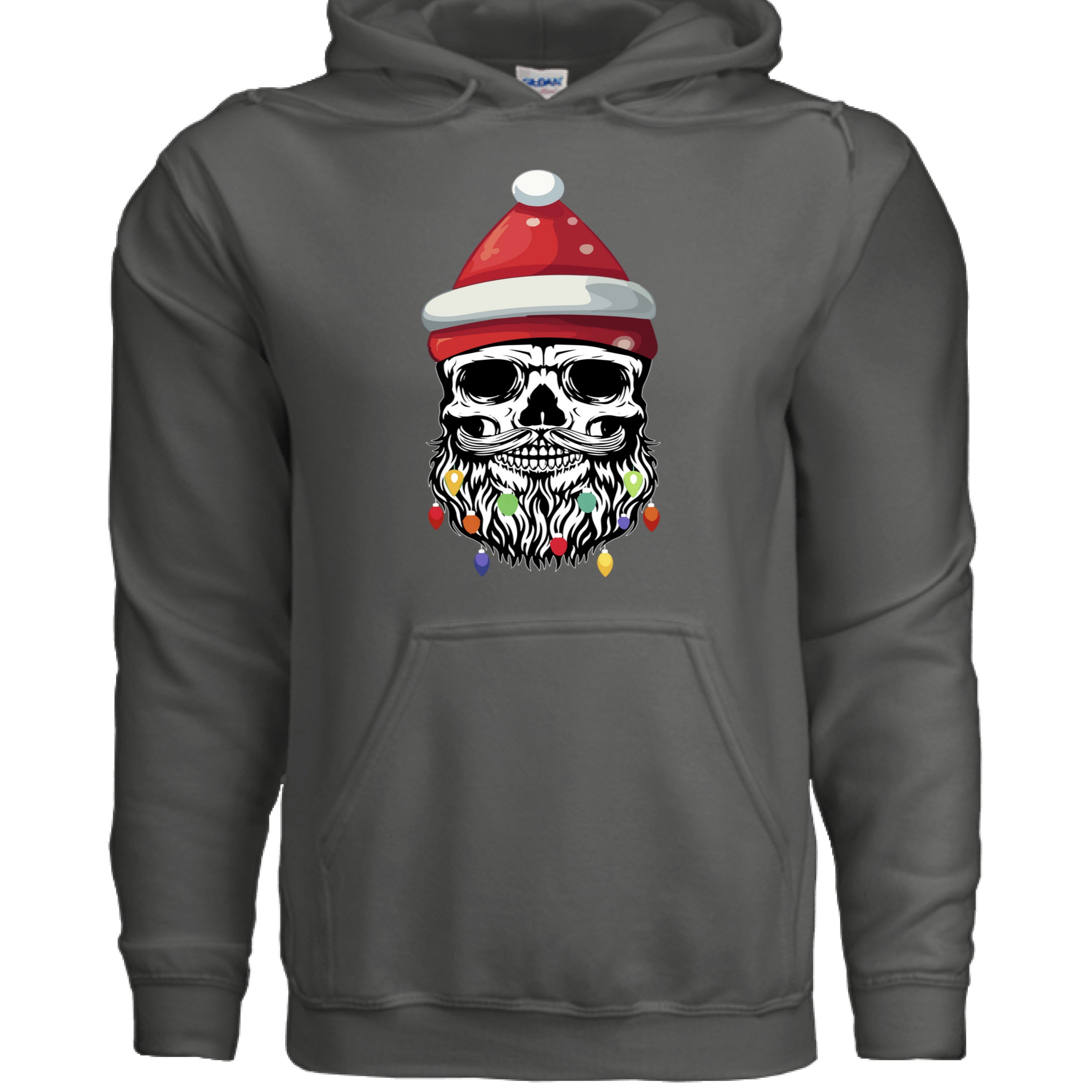 Bearded Skull Christmas Hoodie Design Festive Beard Art with Holiday Lights CHARCOAL - FRONT