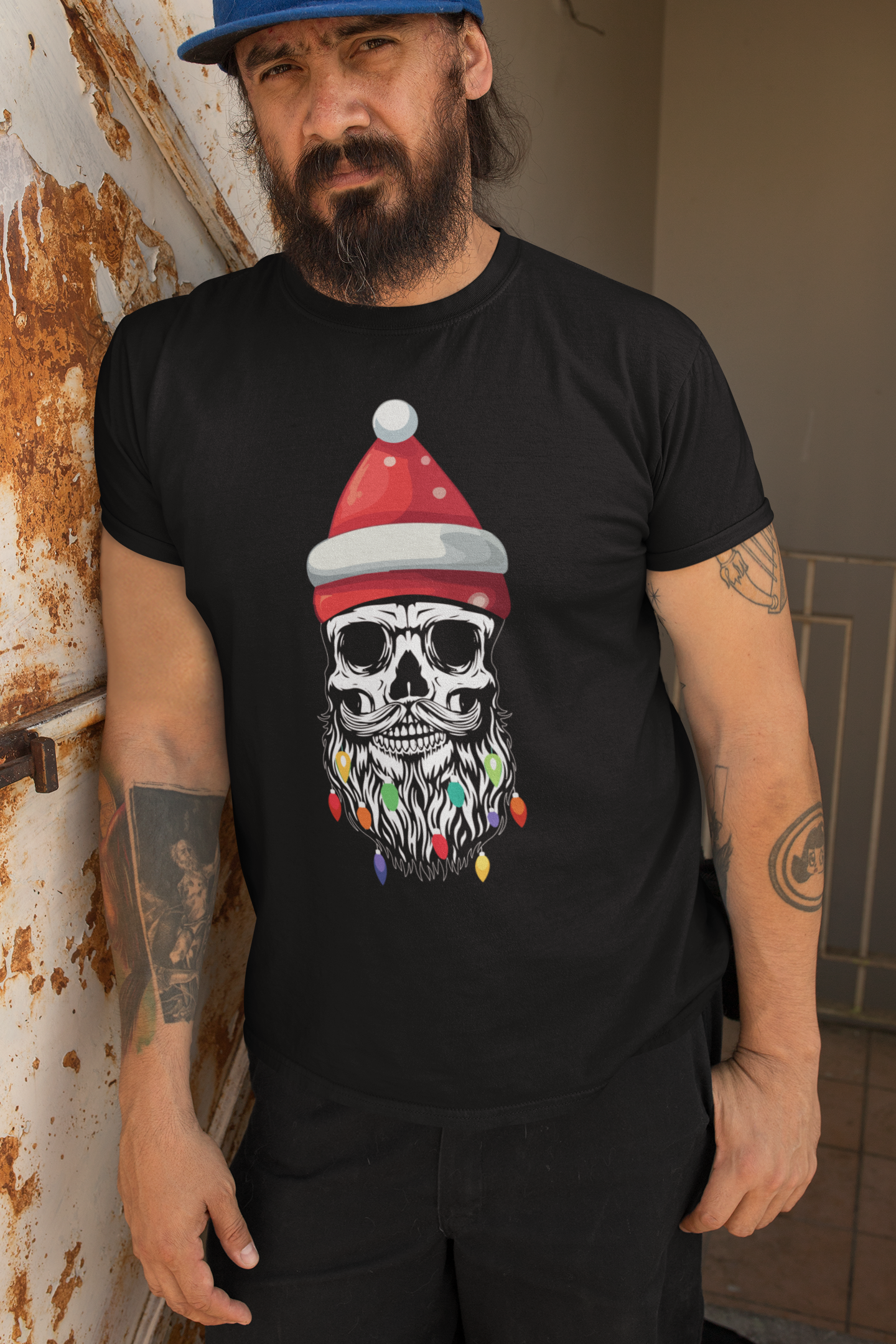 Bearded Skull Christmas Tee Shirt Design Festive Beard Art with Holiday Lights